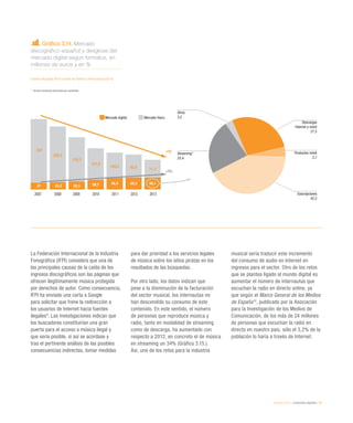 eEspaña 2014 / contenidos digitales / 61
Gráfico 3.14. Mercado
discográfico español y desglose del
mercado digital según formatos, en
millones de euros y en %
Fuente: eEspaña 2014 a partir de Rooter y Promusicae (2014)
*	 Incluye streaming financiado por publicidad
La Federación Internacional de la Industria
Fonográfica (IFPI) considera que una de
las principales causas de la caída de los
ingresos discográficos son las páginas que
ofrecen ilegítimamente música protegida
por derechos de autor. Como consecuencia,
IFPI ha enviado una carta a Google
para solicitar que frene la redirección a
los usuarios de Internet hacia fuentes
ilegales9
. Las investigaciones indican que
los buscadores constituirían una gran
puerta para el acceso a música ilegal y
que sería posible, si así se acordase y
tras el pertinente análisis de las posibles
consecuencias indirectas, tomar medidas
para dar prioridad a los servicios legales
de música sobre los sitios piratas en los
resultados de las búsquedas.
Por otro lado, los datos indican que
pese a la disminución de la facturación
del sector musical, los internautas no
han descendido su consumo de este
contenido. En este sentido, el número
de personas que reproduce música y
radio, tanto en modalidad de streaming
como de descarga, ha aumentado con
respecto a 2012, en concreto el de música
en streaming un 34% (Gráfico 3.15.).
Así, uno de los retos para la industria
musical sería traducir este incremento
del consumo de audio en Internet en
ingresos para el sector. Otro de los retos
que se plantea ligado al mundo digital es
aumentar el número de internautas que
escuchan la radio en directo online, ya
que según el Marco General de los Medios
de España10
, publicado por la Asociación
para la Investigación de los Medios de
Comunicación, de los más de 24 millones
de personas que escuchan la radio en
directo en nuestro país, sólo el 3,2% de la
población lo haría a través de Internet.
2007 2008 2009 2010 2011 2012 2013
27 29,2 32,3 38,7 46,4 48,3 48,1
257
225,2
178,7
127,8
102,2 92,8 71,7
-72%
+78%
Otros
3,2
Streaming*
23,4
Descargas
Internet y móvil
27,5
Productos móvil
3,7
Suscripciones
42,2
Mercado digital Mercado físico
 