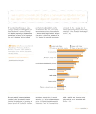 eEspaña 2014 / ciudadanía digital / 83
Si se analizan las diferencias en estos
usos por variables sociodemográficas, con
especial atención al género, se observa
que la mayor brecha digital entre hombres
y mujeres se encuentra en los internautas
que leen o descargan noticias en línea,
pero también es destacable la brecha
en relación con otros usos, como banca
electrónica o búsqueda y venta de bienes
y servicios. Este comportamiento se repite
si se centra la atención en la población de
55 a 74 años. De este modo, las mujeres
con más de 55 años y con bajo nivel de
estudios (educación primaria o sin estudios)
son las que sufren una mayor brecha digital
(Gráfico 4.14.).
Las mujeres con más de 55 años y bajo nivel de estudios son las
que sufren mayor brecha digital en cuanto al uso de Internet
Gráfico 4.14. Servicios de Internet
utilizados por motivos particulares.
España 2013, en % sobre el total de
internautas en los últimos tres meses
de cada estrato
Fuente: eEspaña 2014 a partir de INE y Eurostat (2013)
* 	Sobre usuarios de Internet en los últimos 12 meses
Más allá de estas diferencias entre los
distintos grupos de población, Internet
continúa introduciéndose en las pautas de
comportamiento de la población española
en términos similares a 2012. En este
sentido, el 62% de los ciudadanos declaró
que en 2013 dedicó menos tiempo a ver
la televisión a favor de la navegación por
la Red y la mitad de la población afirmó
utilizar Internet en vez de no hacer nada
(Gráfico 4.15.).
Correo electrónico
Periódicos, revistas online
Buscan información sobre bienes y servicios
Banca electrónica
Redes sociales
Compran online*
Telefonía o videoconferencia online
86
76
64
51
33
23
19
82
63
55
41
36
19
25
76
62
56
27
63
17
20
71
47
49
20
61
11
21
Hombres de 55-74 años Mujeres de 55-74 años
Hombres con bajo nivel de estudios Mujeres con bajo nivel de estudios
 