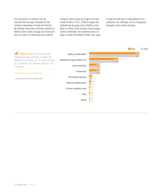90 / ciudadanía digital / eEspaña 2014
Por otra parte, en relación con los
mecanismos de pago utilizados en las
compras realizadas a través de Internet,
las tarjetas bancarias continúan siendo las
líderes como medio de pago, de modo que
ocho de cada 10 internautas que realizan
compras online optan por pagar con este
medio (Gráfico 4.22.). A ello le siguen las
plataformas de pago como PayPal y más
lejos se sitúan otras formas, como el pago
contra reembolso, las transferencias o el
pago a través del teléfono móvil, que, pese
al auge de este tipo de dispositivos en la
población, sin embargo, no ha conseguido
despegar como medio de pago.
Gráfico 4.22. Forma de pago
utilizada en las compras a través de
Internet en España, en % sobre el total
de usuarios* que realizan este tipo de
compras
Fuente: eEspaña 2014 a partir de AIMC (2014)
*	 Datos sobre el total de internautas encuestados por AIMC
2013 2012
Tarjeta de crédito/débito
Plataforma de pago (PayPal, etc.)
Contra reembolso
Transferencia
Domiciliación bancaria
Tarjeta de establecimiento
A través de teléfono móvil
Otros
NS/NC
79,8
46,2
16,5
16,5
4,7
3,0
1,7
1,6
1,0
80,2
47,3
17,9
17,6
4,2
2,4
1,2
1,3
1,2
 
