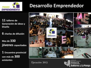 la Producción
Instituto de
Promoción Productiva
Desarrollo Emprendedor
11 talleres de
Generación de ideas y
Diseño
6 charlas de difusión
Mas de 330
jóvenes capacitados
1 Encuentro provincial
con más de 300
asistentes
Imagen 1
Imagen 2
Imagen 3
Imagen 4
Imagen 5
Ejecución 2015
 