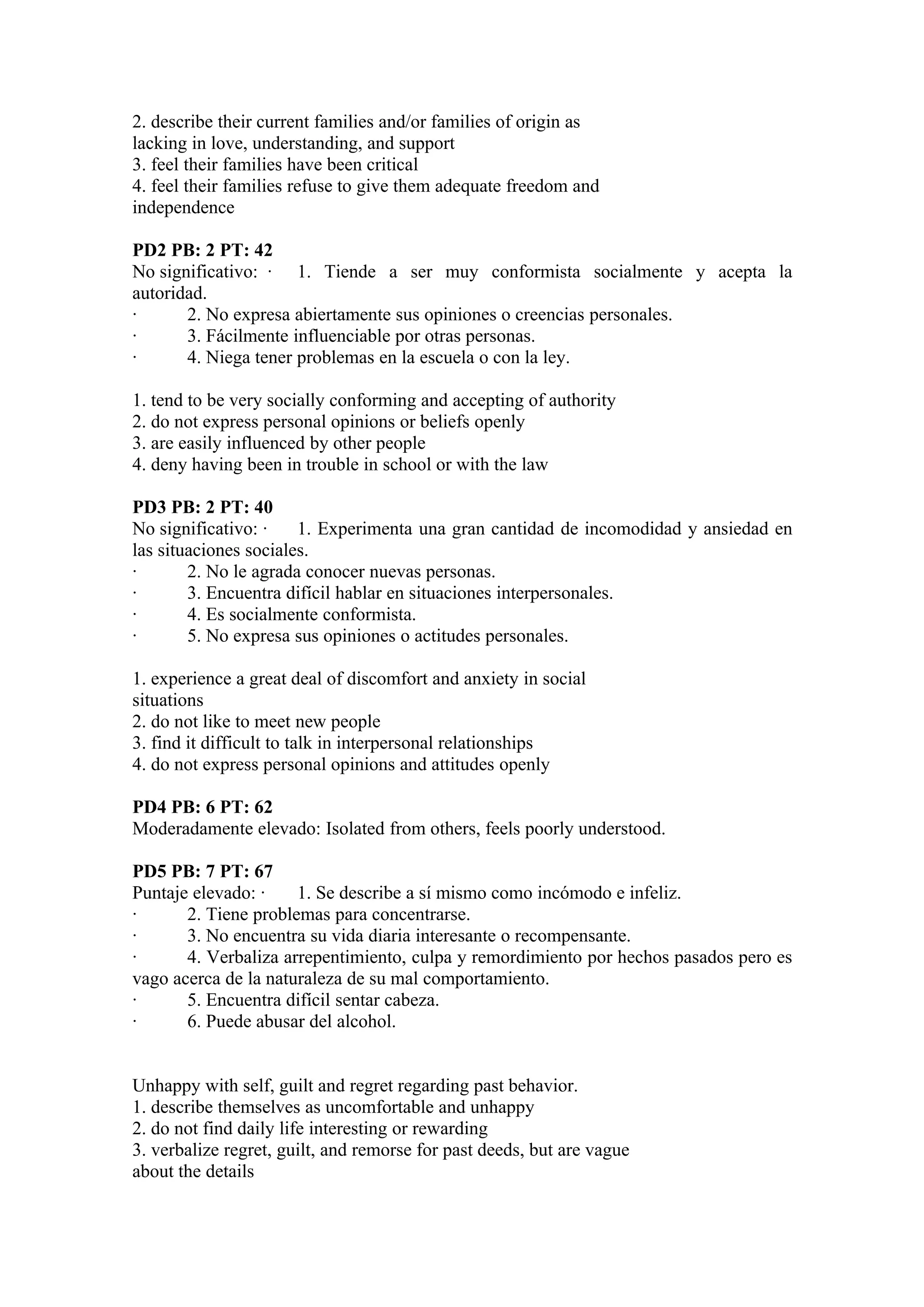 2. describe their current families and/or families of origin as
lacking in love, understanding, and support
3. feel their families have been critical
4. feel their families refuse to give them adequate freedom and
independence

PD2 PB: 2 PT: 42
No significativo: · 1. Tiende a ser muy conformista socialmente y acepta la
autoridad.
·      2. No expresa abiertamente sus opiniones o creencias personales.
·      3. Fácilmente influenciable por otras personas.
·      4. Niega tener problemas en la escuela o con la ley.

1. tend to be very socially conforming and accepting of authority
2. do not express personal opinions or beliefs openly
3. are easily influenced by other people
4. deny having been in trouble in school or with the law

PD3 PB: 2 PT: 40
No significativo: ·    1. Experimenta una gran cantidad de incomodidad y ansiedad en
las situaciones sociales.
·       2. No le agrada conocer nuevas personas.
·       3. Encuentra difícil hablar en situaciones interpersonales.
·       4. Es socialmente conformista.
·       5. No expresa sus opiniones o actitudes personales.

1. experience a great deal of discomfort and anxiety in social
situations
2. do not like to meet new people
3. find it difficult to talk in interpersonal relationships
4. do not express personal opinions and attitudes openly

PD4 PB: 6 PT: 62
Moderadamente elevado: Isolated from others, feels poorly understood.

PD5 PB: 7 PT: 67
Puntaje elevado: ·    1. Se describe a sí mismo como incómodo e infeliz.
·      2. Tiene problemas para concentrarse.
·      3. No encuentra su vida diaria interesante o recompensante.
·      4. Verbaliza arrepentimiento, culpa y remordimiento por hechos pasados pero es
vago acerca de la naturaleza de su mal comportamiento.
·      5. Encuentra difícil sentar cabeza.
·      6. Puede abusar del alcohol.


Unhappy with self, guilt and regret regarding past behavior.
1. describe themselves as uncomfortable and unhappy
2. do not find daily life interesting or rewarding
3. verbalize regret, guilt, and remorse for past deeds, but are vague
about the details
 