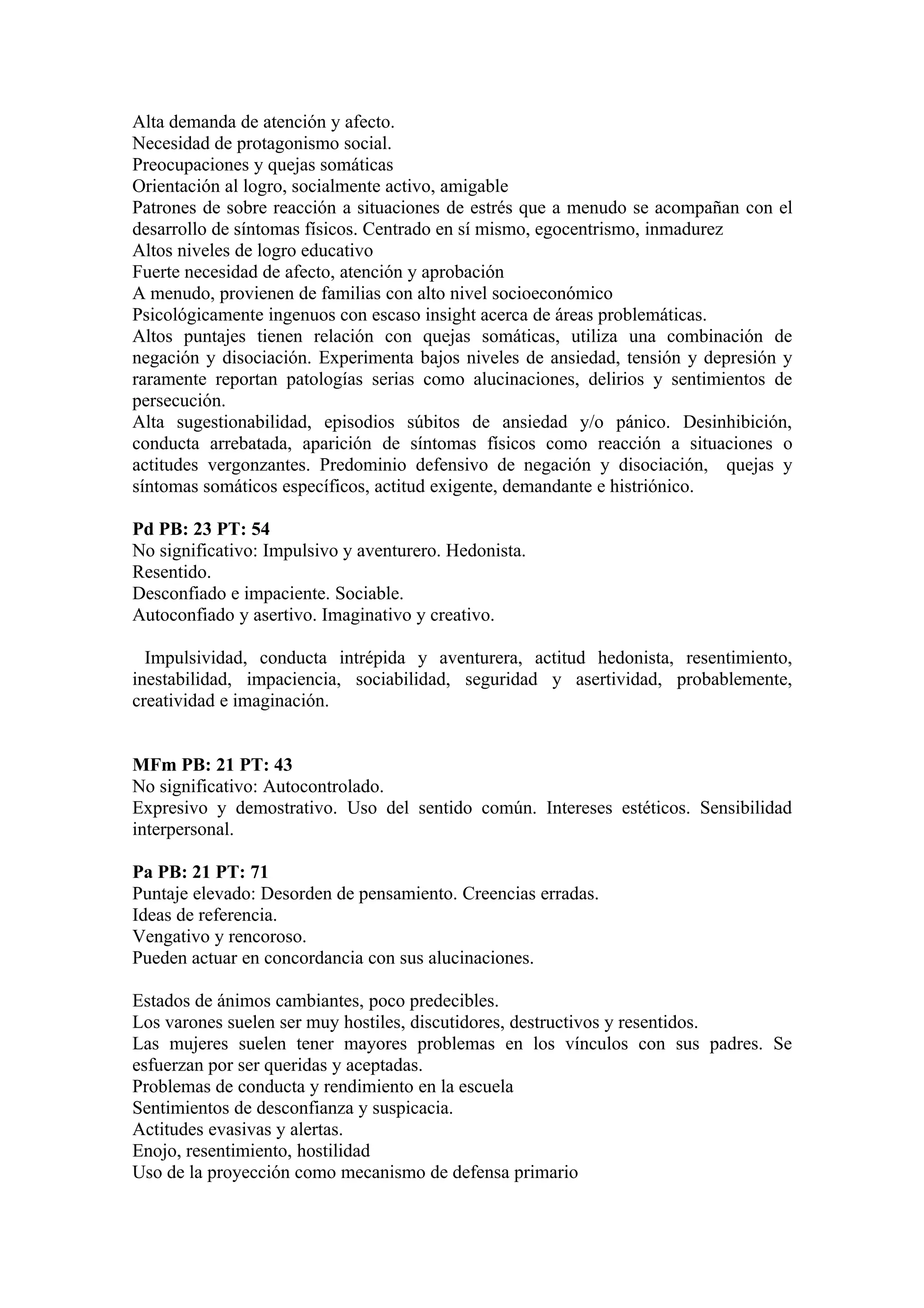Alta demanda de atención y afecto.
Necesidad de protagonismo social.
Preocupaciones y quejas somáticas
Orientación al logro, socialmente activo, amigable
Patrones de sobre reacción a situaciones de estrés que a menudo se acompañan con el
desarrollo de síntomas físicos. Centrado en sí mismo, egocentrismo, inmadurez
Altos niveles de logro educativo
Fuerte necesidad de afecto, atención y aprobación
A menudo, provienen de familias con alto nivel socioeconómico
Psicológicamente ingenuos con escaso insight acerca de áreas problemáticas.
Altos puntajes tienen relación con quejas somáticas, utiliza una combinación de
negación y disociación. Experimenta bajos niveles de ansiedad, tensión y depresión y
raramente reportan patologías serias como alucinaciones, delirios y sentimientos de
persecución.
Alta sugestionabilidad, episodios súbitos de ansiedad y/o pánico. Desinhibición,
conducta arrebatada, aparición de síntomas físicos como reacción a situaciones o
actitudes vergonzantes. Predominio defensivo de negación y disociación, quejas y
síntomas somáticos específicos, actitud exigente, demandante e histriónico.

Pd PB: 23 PT: 54
No significativo: Impulsivo y aventurero. Hedonista.
Resentido.
Desconfiado e impaciente. Sociable.
Autoconfiado y asertivo. Imaginativo y creativo.

  Impulsividad, conducta intrépida y aventurera, actitud hedonista, resentimiento,
inestabilidad, impaciencia, sociabilidad, seguridad y asertividad, probablemente,
creatividad e imaginación.


MFm PB: 21 PT: 43
No significativo: Autocontrolado.
Expresivo y demostrativo. Uso del sentido común. Intereses estéticos. Sensibilidad
interpersonal.

Pa PB: 21 PT: 71
Puntaje elevado: Desorden de pensamiento. Creencias erradas.
Ideas de referencia.
Vengativo y rencoroso.
Pueden actuar en concordancia con sus alucinaciones.

Estados de ánimos cambiantes, poco predecibles.
Los varones suelen ser muy hostiles, discutidores, destructivos y resentidos.
Las mujeres suelen tener mayores problemas en los vínculos con sus padres. Se
esfuerzan por ser queridas y aceptadas.
Problemas de conducta y rendimiento en la escuela
Sentimientos de desconfianza y suspicacia.
Actitudes evasivas y alertas.
Enojo, resentimiento, hostilidad
Uso de la proyección como mecanismo de defensa primario
 