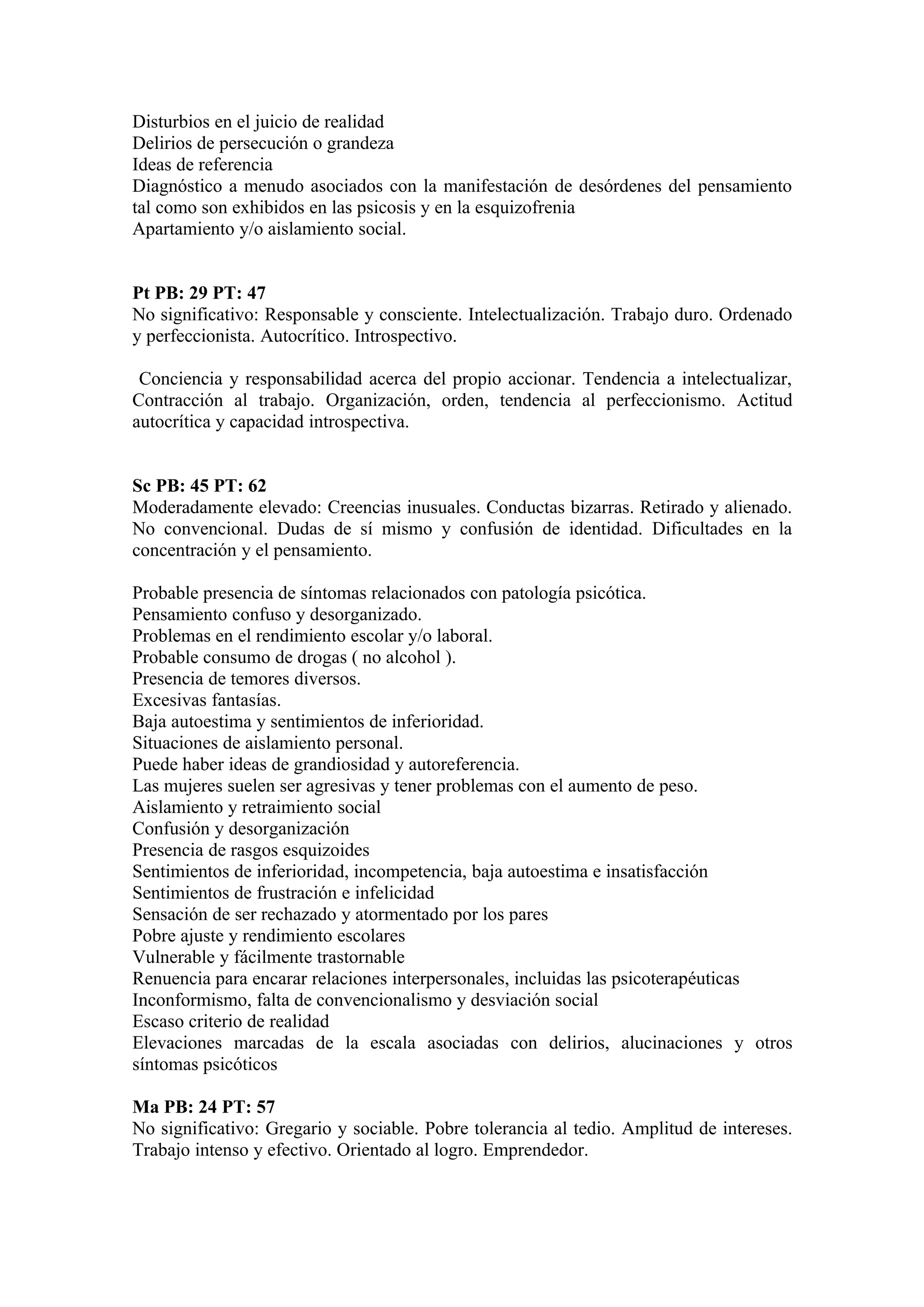 Disturbios en el juicio de realidad
Delirios de persecución o grandeza
Ideas de referencia
Diagnóstico a menudo asociados con la manifestación de desórdenes del pensamiento
tal como son exhibidos en las psicosis y en la esquizofrenia
Apartamiento y/o aislamiento social.


Pt PB: 29 PT: 47
No significativo: Responsable y consciente. Intelectualización. Trabajo duro. Ordenado
y perfeccionista. Autocrítico. Introspectivo.

 Conciencia y responsabilidad acerca del propio accionar. Tendencia a intelectualizar,
Contracción al trabajo. Organización, orden, tendencia al perfeccionismo. Actitud
autocrítica y capacidad introspectiva.


Sc PB: 45 PT: 62
Moderadamente elevado: Creencias inusuales. Conductas bizarras. Retirado y alienado.
No convencional. Dudas de sí mismo y confusión de identidad. Dificultades en la
concentración y el pensamiento.

Probable presencia de síntomas relacionados con patología psicótica.
Pensamiento confuso y desorganizado.
Problemas en el rendimiento escolar y/o laboral.
Probable consumo de drogas ( no alcohol ).
Presencia de temores diversos.
Excesivas fantasías.
Baja autoestima y sentimientos de inferioridad.
Situaciones de aislamiento personal.
Puede haber ideas de grandiosidad y autoreferencia.
Las mujeres suelen ser agresivas y tener problemas con el aumento de peso.
Aislamiento y retraimiento social
Confusión y desorganización
Presencia de rasgos esquizoides
Sentimientos de inferioridad, incompetencia, baja autoestima e insatisfacción
Sentimientos de frustración e infelicidad
Sensación de ser rechazado y atormentado por los pares
Pobre ajuste y rendimiento escolares
Vulnerable y fácilmente trastornable
Renuencia para encarar relaciones interpersonales, incluidas las psicoterapéuticas
Inconformismo, falta de convencionalismo y desviación social
Escaso criterio de realidad
Elevaciones marcadas de la escala asociadas con delirios, alucinaciones y otros
síntomas psicóticos

Ma PB: 24 PT: 57
No significativo: Gregario y sociable. Pobre tolerancia al tedio. Amplitud de intereses.
Trabajo intenso y efectivo. Orientado al logro. Emprendedor.
 