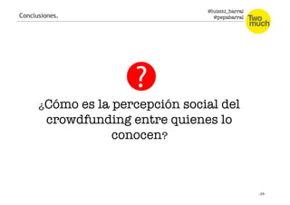 @luismi_barral
@pepabarral
¿Cómo es la percepción social del
crowdfunding entre quienes lo
conocen?
Conclusiones.
 