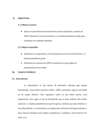 II. OBJETIVOS
2.1. Objetivo General
● Aplicar el procedimiento de electroforesis para la separación y análisis de
ADN, utilizando el set de electroforesis y el fotodocumentador de geles para
interpretar los resultados obtenidos.
2.2. Objetivo Específico
● Identificar los componentes y el funcionamiento del set de electroforesis y el
fotodocumentador de geles.
● Diferenciar las muestras de ADN (o proteínas) en el gel según sus
características de movilidad.
III. MARCO TEÓRICO
2.1. Electroforesis
La electroforesis es una técnica de laboratorio utilizada para separar
biomoléculas, como ácidos nucleicos (ADN y ARN) o proteínas, según su movilidad
en un campo eléctrico. Esta separación ocurre en una matriz porosa, cuya
composición varía según el tipo de biomolécula que se desea analizar. Para ácidos
nucleicos, se emplea generalmente un gel de agarosa, mientras que para proteínas se
usa poliacrilamida. La electroforesis es ampliamente utilizada en biología molecular y
otras ciencias biológicas para análisis cuantitativos y cualitativos. (Electroforesis De
ADN, n.d.)
 