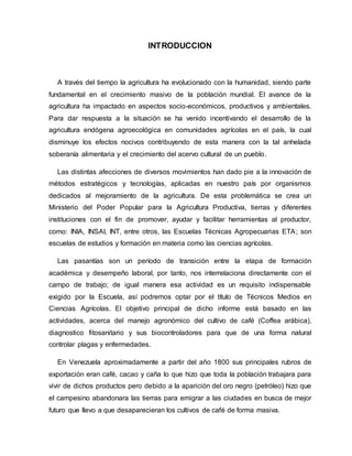 INTRODUCCION
A través del tiempo la agricultura ha evolucionado con la humanidad, siendo parte
fundamental en el crecimiento masivo de la población mundial. El avance de la
agricultura ha impactado en aspectos socio-económicos, productivos y ambientales.
Para dar respuesta a la situación se ha venido incentivando el desarrollo de la
agricultura endógena agroecológica en comunidades agrícolas en el país, la cual
disminuye los efectos nocivos contribuyendo de esta manera con la tal anhelada
soberanía alimentaria y el crecimiento del acervo cultural de un pueblo.
Las distintas afecciones de diversos movimientos han dado pie a la innovación de
métodos estratégicos y tecnologías, aplicadas en nuestro país por organismos
dedicados al mejoramiento de la agricultura. De esta problemática se crea un
Ministerio del Poder Popular para la Agricultura Productiva, tierras y diferentes
instituciones con el fin de promover, ayudar y facilitar herramientas al productor,
como: INIA, INSAI, INT, entre otros, las Escuelas Técnicas Agropecuarias ETA; son
escuelas de estudios y formación en materia como las ciencias agrícolas.
Las pasantías son un período de transición entre la etapa de formación
académica y desempeño laboral, por tanto, nos interrelaciona directamente con el
campo de trabajo; de igual manera esa actividad es un requisito indispensable
exigido por la Escuela, así podremos optar por el título de Técnicos Medios en
Ciencias Agrícolas. El objetivo principal de dicho informe está basado en las
actividades, acerca del manejo agronómico del cultivo de café (Coffea arábica),
diagnostico fitosanitario y sus biocontroladores para que de una forma natural
controlar plagas y enfermedades.
En Venezuela aproximadamente a partir del año 1800 sus principales rubros de
exportación eran café, cacao y caña lo que hizo que toda la población trabajara para
vivir de dichos productos pero debido a la aparición del oro negro (petróleo) hizo que
el campesino abandonara las tierras para emigrar a las ciudades en busca de mejor
futuro que llevo a que desaparecieran los cultivos de café de forma masiva.
 