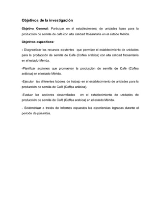 Objetivos de la investigación
Objetivo General: Participar en el establecimiento de unidades base para la
producción de semilla de café con alta calidad fitosanitaria en el estado Mérida.
Objetivos específicos:
- Diagnosticar los recursos existentes que permitan el establecimiento de unidades
para la producción de semilla de Café (Coffea arabica) con alta calidad fitosanitaria
en el estado Mérida.
-Planificar acciones que promuevan la producción de semilla de Café (Coffea
arábica) en el estado Mérida.
-Ejecutar las diferentes labores de trabajo en el establecimiento de unidades para la
producción de semilla de Café (Coffea arábica).
-Evaluar las acciones desarrolladas en el establecimiento de unidades de
producción de semilla de Café (Coffea arabica) en el estado Mérida.
- Sistematizar a través de informes expuestos las experiencias logradas durante el
período de pasantías.
 