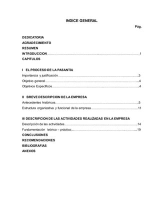 INDICE GENERAL
Pág.
DEDICATORIA
AGRADECIMIENTO
RESUMEN
INTRODUCCION…………………………………………..…………………………………1
CAPITULOS
I EL PROCESO DE LA PASANTIA
Importancia y justificación……………………………………………………………….…..3
Objetivo general………………………………………….…………………………………...4
Objetivos Específicos………………………………………….……………………………..4
II BREVE DESCRIPCION DE LA EMPRESA
Antecedentes históricos……………………………………………………………………..5
Estructura organizativa y funcional de la empresa………………………………………11
III DESCRIPCION DE LAS ACTIVIDADES REALIZADAS EN LA EMPRESA
Descripción de las actividades…………………………………………………………….14
Fundamentación teórico – práctico...………………………………………….………....19
CONCLUSIONES
RECOMENDACIONES
BIBLIOGRAFIAS
ANEXOS
 