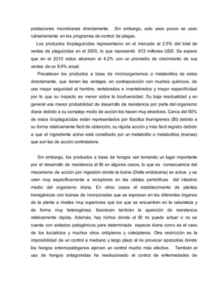 poblaciones microbianas directamente. Sin embargo, solo unos pocos se usan
rutinariamente en los programas de control de plagas.
Los productos bioplaguicidas representaron en el mercado el 2.5% del total de
ventas de plaguicidas en el 2005, lo que representó 672 millones USD. Se espera
que en el 2010 estos alcancen el 4.2% con un promedio de crecimiento de sus
ventas de un 9.9% anual.
Prevalecen los productos a base de microorganismos o metabolitos de estos
directamente, que tienen las ventajas, en contraposición con muchos químicos, de
una mayor seguridad al hombre, vertebrados e invertebrados y mayor especificidad
por lo que su impacto es menor sobre la biodiversidad. Su baja residualidad y en
general una menor probabilidad de desarrollo de resistencia por parte del organismo
diana debido a su complejo modo de acción los hacen muy atractivos. Cerca del 90%
de estos bioplaguicidas están representados por Bacillus thuringiensis (Bt) debido a
su forma relativamente fácil de obtención, su rápida acción y más fácil registro debido
a que el ingrediente activo está constituido por un metabolito o metabolitos (toxinas)
que son las de acción controladora.
Sin embargo, los productos a base de hongos van tomando un lugar importante
por el desarrollo de resistencia al Bt en algunos casos, lo que es consecuencia del
mecanismo de acción por ingestión donde la toxina (Delta endotoxina) se activa y se
unen muy específicamente a receptores en las células peritróficas del intestino
medio del organismo diana. En otros casos el establecimiento de plantas
transgénicas con toxinas de incorporadas que se expresan en los diferentes órganos
de la planta a niveles muy superiores que los que se encuentran en la naturaleza y
de forma muy heterogénea, favorecen también la aparición de resistencia
relativamente rápida. Además, hay nichos donde el Bt no puede actuar o no se
cuenta con aislados patogénicos para determinada especie diana como es el caso
de los locústidos y muchos otros ortópteros y coleópteros. Otra restricción es la
imposibilidad de un control a mediano y largo plazo al no provocar epizootias donde
los hongos entomopatógenos ejercen un control mucho más efectivo. También el
uso de hongos antagonistas ha revolucionado el control de enfermedades de
 