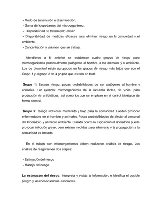 - Modo de transmisión o diseminación.
- Gama de hospedantes del microorganismo.
- Disponibilidad de tratamiento eficaz.
- Disponibilidad de medidas eficaces para eliminar riesgo en la comunidad y el
ambiente.
- Concentración y volumen que se trabaja.
Atendiendo a lo anterior se establecen cuatro grupos de riesgo para
microorganismos potencialmente patógenos al hombre, a los animales y al ambiente.
Los de biocontrol están agrupados en los grupos de riesgo más bajos que son el
Grupo 1 y el grupo 2 de 4 grupos que existen en total.
Grupo 1: Escaso riesgo, pocas probabilidades de ser patógenos al hombre y
animales. Por ejemplo: microorganismos de la industria láctea, de vinos, para
producción de antibióticos, así como los que se emplean en el control biológico de
forma general.
Grupo 2: Riesgo individual moderado y bajo para la comunidad. Pueden provocar
enfermedades en el hombre y animales. Pocas probabilidades de afectar al personal
del laboratorio y al medio ambiente. Cuando ocurre la exposición el laboratorio puede
provocar infección grave, pero existen medidas para eliminarlo y la propagación a la
comunidad es limitada.
En el trabajo con microorganismos deben realizarse análisis de riesgo. Los
análisis de riesgo tienen dos etapas:
- Estimación del riesgo
- Manejo del riesgo.
La estimación del riesgo: interpreta y evalúa la información, e identifica el posible
peligro y las consecuencias asociadas.
 