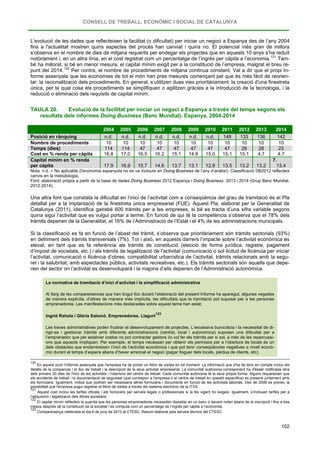 CONSELL DE TREBALL, ECONÒMIC I SOCIAL DE CATALUNYA
102
L’evolució de les dades que reflecteixen la facilitat (o dificultat) per iniciar un negoci a Espanya des de l’any 2004
fins a l'actualitat mostren quins aspectes del procés han canviat i quins no. El potencial més gran de millora
s’observa en el nombre de dies de mitjana requerits per endegar els projectes que en aquests 10 anys s’ha reduït
notòriament i, en un altra línia, en el cost registrat com un percentatge de l’ingrés per càpita a l’economia.121
Tam-
bé ha millorat, si bé en menor mesura, el capital mínim exigit per a la constitució de l’empresa, malgrat el breu re-
punt del 2014.122
TAULA 20. Evolució de la facilitat per iniciar un negoci a Espanya a través del temps segons els
resultats dels informes Doing Business (Banc Mundial). Espanya, 2004-2014
Per contra, el nombre de procediments de mitjana continua constant. Val a dir que el propi In-
forme assenyala que les economies de tot el món han pres mesures començant pel que és més fàcil de reorien-
tar: la racionalització dels procediments. En general, s’utilitzen dues vies prioritàriament: la creació d'una finestreta
única, per la qual cosa els procediments se simplifiquen o agilitzen gràcies a la introducció de la tecnologia, i la
reducció o eliminació dels requisits de capital mínim.
2004 2005 2006 2007 2008 2009 2010 2011 2012 2013 2014
Posició en rànquing n.d. n.d. n.d. n.d. n.d. n.d. n.d. 148 133 136 142
Nombre de procediments 10 10 10 10 10 10 10 10 10 10 10
Temps (dies) 114 114 47 47 47 47 47 47 28 28 23
Cost en % renda per càpita 16.8 17.0 16.5 16.2 15.1 14.9 15.0 15.1 15.1 4.7 4.7
Capital mínim en % renda
per càpita 17.9 16.9 15.7 14.6 13.7 13.1 12.8 13.5 13.2 13.2
7.
13.4
Nota: n.d. = No aplicable (l'economia espanyola no es va incloure en Doing Business de l’any d’anàlisi). Classificació DB2012 reflecteix
canvis en la metodologia.
Font: elaboració pròpia a partir de la base de dades Doing Business 2012 Espanya i Doing Business 2013 i 2014 (Grup Banc Mundial,
2012-2014).
Una altra font que constata la dificultat en l’inici de l’activitat com a conseqüència del grau de tramitació és el Pla
detallat per a la implantació de la finestreta única empresarial (FUE). Aquest Pla, elaborat per la Generalitat de
Catalunya (2011), identifica gairebé 600 tràmits per a les empreses, si bé es tracta d’una xifra variable segons
quina sigui l’activitat que es vulgui portar a terme. En funció de qui té la competència s’observa que el 78% dels
tràmits depenen de la Generalitat, el 16% de l’Administració de l’Estat i el 4% de les administracions municipals.
Si la classificació es fa en funció de l’abast del tràmit, s’observa que prioritàriament són tràmits sectorials (93%)
en detriment dels tràmits transversals (7%). Tot i això, en aquests darrers l’impacte sobre l’activitat econòmica és
elevat, en tant que es fa referència als tràmits de constitució (elecció de forma jurídica, registre, pagament
d’impost de societats, etc.) i als tràmits de legalització de l’activitat (comunicació o sol·licitud de llicència per iniciar
l’activitat, comunicació o llicència d’obres, compatibilitat urbanística de l’activitat, tràmits relacionats amb la segu-
ret i la salubritat, amb espectacles públics, activitats recreatives, etc.). Els tràmits sectorials són aquells que depe-
nen del sector on l’activitat es desenvoluparà i la majoria d’ells depenen de l’Administració autonòmica.
La normativa de tramitació d’inici d’activitat i la simplificació administrativa
Al llarg de les compareixences que han tingut lloc durant l’elaboració del present Informe ha aparegut, algunes vegades
de manera explícita, d’altres de manera més implícita, les dificultats que la tramitació pot suposar per a les persones
emprenedores. Les manifestacions més destacades sobre aquest tema han estat:
Ingrid Rahola i Glòria Salomó. Emprenedores. Llagurt
123
Les traves administratives poden frustrar el desenvolupament de projectes. L’excessiva burocràcia i la necessitat de di-
rigir-se i gestionar tràmits amb diferents administracions (central, local i autonòmica) suposen una dificultat per a
l’emprenedor que per estalviar costos no pot contractar gestors i/o vol fer els tràmits per si sol, a més de les repercussi-
ons que aquests impliquen. Per exemple, el temps necessari per obtenir els permisos per a l’obertura de locals és un
dels obstacles que endarrereixen l’inici de l’activitat econòmica i que pot tenir conseqüències negatives a nivell econò-
mic durant el temps d’espera abans d’haver arrencat el negoci (pagar lloguer dels locals, pèrdua de clients, etc).
120
En aquest punt l’Informe assenyala que l'empresa ha de portar un llibre de visites en tot moment. La informació que s'ha de tenir en compte inclou els
detalls de la companyia i el lloc de treball i la descripció de la seva activitat empresarial. La comunitat autònoma corresponent ha d'ésser notificada dins
dels primers 30 dies de l'inici de les activitats i l'obertura del centre de treball. Cada comunitat autònoma té la seva pròpia forma. Alguns requereixen que
els accidents de treball i la documentació de seguretat (que correspon a l'empresa o al centre de treball en qüestió específica) es presenti juntament amb
els formularis. Igualment, indica que podrien ser necessaris altres formularis i documents en funció de les activitats laborals. Des de 2008 es preveu la
possibilitat que l'empresa pugui registrar el llibre de visites a través del sistema electrònic de la ITSS.
121
Aquest cost inclou les tarifes oficials i els honoraris per serveis legals o professionals si la llei vigent ho exigeix. Igualment, s’inclouen tarifes per a
l’adquisició i legalització dels llibres societaris.
122
El capital mínim reflecteix la quantia que les persones emprenedores necessiten dipositar en un banc o davant notari abans de la inscripció i fins a tres
mesos desprès de la constitució de la societat i es computa com un percentatge de l’ingrés per càpita a l’economia.
123
Compareixença celebrada el dia 6 de juny de 2013 al CTESC. Resum elaborat pels serveis tècnics del CTESC.
 