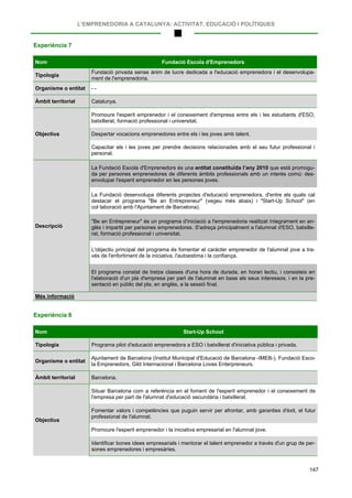 L’EMPRENEDORIA A CATALUNYA: ACTIVITAT, EDUCACIÓ I POLÍTIQUES
147
Experiència 7
Nom Fundació Escola d'Emprenedors
Tipologia
Fundació privada sense ànim de lucre dedicada a l'educació emprenedora i el desenvolupa-
ment de l'emprenedoria.
Organisme o entitat - -
Àmbit territorial Catalunya.
Objectius
Promoure l'esperit emprenedor i el coneixement d'empresa entre els i les estudiants d'ESO,
batxillerat, formació professional i universitat.
Despertar vocacions emprenedores entre els i les joves amb talent.
Capacitar els i les joves per prendre decisions relacionades amb el seu futur professional i
personal.
Descripció
La Fundació Escola d'Emprenedors és una entitat constituïda l’any 2010 que està promogu-
da per persones emprenedores de diferents àmbits professionals amb un interès comú: des-
envolupar l'esperit emprenedor en les persones joves.
La Fundació desenvolupa diferents projectes d'educació emprenedora, d'entre els quals cal
destacar el programa "Be an Entrepreneur" (vegeu més abaix) i "Start-Up School" (en
col·laboració amb l'Ajuntament de Barcelona).
"Be an Entrepreneur" és un programa d'iniciació a l'emprenedoria realitzat íntegrament en an-
glès i impartit per persones emprenedores. S'adreça principalment a l'alumnat d'ESO, batxille-
rat, formació professional i universitat.
L'objectiu principal del programa és fomentar el caràcter emprenedor de l'alumnat jove a tra-
vés de l'enfortiment de la iniciativa, l'autoestima i la confiança.
El programa constat de tretze classes d'una hora de durada, en horari lectiu, i consisteix en
l'elaboració d'un pla d'empresa per part de l'alumnat en base als seus interessos, i en la pre-
sentació en públic del pla, en anglès, a la sessió final.
Més informació
Experiència 8
Nom Start-Up School
Tipologia Programa pilot d'educació emprenedora a ESO i batxillerat d'iniciativa pública i privada.
Organisme o entitat
Ajuntament de Barcelona (Institut Municipal d'Educació de Barcelona -IMEB-), Fundació Esco-
la Emprenedors, Gild Internacional i Barcelona Loves Enterpreneurs.
Àmbit territorial Barcelona.
Objectius
Situar Barcelona com a referència en el foment de l'esperit emprenedor i el coneixement de
l'empresa per part de l'alumnat d'educació secundària i batxillerat.
Fomentar valors i competències que puguin servir per afrontar, amb garanties d'èxit, el futur
professional de l'alumnat.
Promoure l'esperit emprenedor i la iniciativa empresarial en l'alumnat jove.
Identificar bones idees empresarials i mentorar el talent emprenedor a través d'un grup de per-
sones emprenedores i empresàries.
 