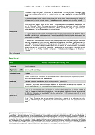 CONSELL DE TREBALL, ECONÒMIC I SOCIAL DE CATALUNYA
148
Descripció
El projecte "Start-Up School", o Programa de mentorització i concurs de plans d'empresa per a
joves emprenedors de Barcelona, es posa en marxa com a prova pilot el curs escolar 2012-
2013.
El programa parteix de la idea que l'alumnat jove té un talent potencialment gran malgrat la
constatació d'un fracàs escolar elevat i d'unes expectatives laborals i econòmiques baixes.
"Start-Up School" es pot dividir en tres fases. La primera fase consisteix en la presentació, per
part de l'alumnat, d'idees d'empresa o projectes de qualsevol tipus (p.e. internet, videojocs,
projectes socials, d'energies netes i/o educatius, ONGs, tecnologies, botigues i aplicacions per
mòbil) a través d'un document de text de format simple.
La segona fase consisteix en la mentorització de vint projectes seleccionats del total d'idees
rebudes. Les persones mentores ajuden l'alumnat a desenvolupar un projecte d'empresa i una
presentació en anglès.
La tercera fase consisteix en la selecció dels dos projectes millors per part d'un jurat format per
quaranta persones del món educatiu, social i empresarial de Barcelona, i en l'entrega d'un
premi. Els criteris per a la selecció dels projectes són la claredat en la definició del servei o
producte, la necessitat que es cobreix i l'oportunitat de mercat, el model de negoci i el potenci-
al de creixement, la innovació i la creativitat, i la capacitat de comunicació i l'exposició en pú-
blic. El premi és un "viatge iniciàtic" a empreses i incubadores tecnològiques de Barcelona i
Londres.
Mes informació
Experiència 9
Nom Lideratge Emprenedor i Innovació (Leinn)
Tipologia Grau universitari.
Organisme o entitat Universitat de Mondragón.
Àmbit territorial Euskadi.
Objectius
Formar professionals per liderar de manera eficient la creació de noves empreses i/o canvis i
negocis dins d'empreses que ja existeixen.
Preparar l'alumnat per treballar en un món globalitzat i multilingüe.
Contribuir a la societat del coneixement a través de la innovació en els sectors industrial i de
serveis, particularment en empreses intensives en coneixement.
Descripció
Leinn és el primer i únic grau universitari en emprenedoria i innovació en l'àmbit estatal. El
Leinn es basa en el mètode d'aprenentatge "Team Academy", desenvolupat per la Universitat
de Ciències Aplicades de Jyväskylä (Finlàndia) des de l'any 1993 i que compta amb un ampli
reconeixement mundial.
En el "Team Academy" els aprenentatges s'adquireixen a través de la pràctica ("aprendre
fent"), el treball en equip autogestionats, i la creació d'empreses reals amb projectes i clients
reals.
193
193
En aquest sentit, val a destacar que la Llei 14/2013 de suport als emprenedors i la seva internacionalització defineix i regula una nova figura jurídica –la
“miniempresa” o “empresa d’estudiants- en els termes següents: “1.-La miniempresa o empresa d’estudiants es reconeix com a eina pedagògica. 2.-
Reglamentàriament, es determinaran els requisits, els límits al estatut de miniempresa o empresa d’estudiants i els models que facilitaran el compliment de
les seves obligacions tributàries i comptables. 2.-La miniempresa o empresa d’estudiants haurà de ser inscrita per l’organització promotora del programa
miniempresa en el registre que s’habilitarà a l’efecte, el que permetrà a la miniempresa realitzar transaccions econòmiques i monetàries, emetre factures i
obrir comptes bancaris. 4.-La miniempresa o empresa d’estudiants tindrà una durada limitada a un curs escolar prorrogable a un màxim de dos cursos es-
colars. Haurà de liquidar-se al final de l’any escolar presentant la corresponent acta de liquidació i resolució. 5.-La miniempresa o empresa d’estudiants es-
tarà coberta per una assegurança de responsabilitat civil o altra garantia equivalent subscrita per l’organització promotora”.
 