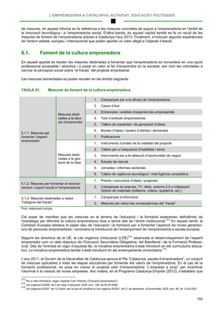 L’EMPRENEDORIA A CATALUNYA: ACTIVITAT, EDUCACIÓ I POLÍTIQUES
155
de mesures, en aquest informe es fa referència a les mesures concretes de suport a l’emprenedoria en l’àmbit de
la innovació tecnològica i a l’emprenedoria social. D’altra banda, en aquest capítol també es fa un recull de les
mesures de foment de l’emprenedoria actives a Catalunya l’any 2013. Finalment, s’inclouen algunes experiències
de l’entorn estatal, europeu i internacional que poden aportar un valor afegit a l’objecte d’estudi.
6.1. Foment de la cultura emprenedora
En aquest apartat es tracten les mesures destinades a fomentar que l’emprenedoria es converteixi en una opció
professional accessible i atractiva i a posar en valor el fet d’emprendre en la societat, així com les orientades a
canviar la percepció social sobre “el fracàs” del projecte empresarial.
Les mesures esmentades es poden encabir en els àmbits següents:
TAULA 21. Mesures de foment de la cultura emprenedora
5.1.1. Mesures per
fomentar l’esperit
emprenedor
Mesures desti-
nades a la deci-
sió d’emprendre
1. Campanyes per a la difusió de l’emprenedoria
2. Casos d’èxit
3. Entrevistes i anàlisis d’experiències empresarials
4. Test d’actituds emprenedores
5. Tallers de creativitat i de generació d’idees
6. Borses d’idees i taulers d’ofertes i demandes
7. Publicacions
Mesures desti-
nades a la ges-
tació de la idea
1. Instruments d’anàlisi de la viabilitat del projecte
2. Tallers per a l’adquisició d’habilitats i eines
3. Instruments per a la detecció d’oportunitats de negoci
4. Estudis de mercat
5. Jornades i informes sectorials
6. Tallers de vigilància tecnològica i intel·ligència competitiva
5.1.2. Mesures per fomentar el reconei-
xement i suport social a l’emprenedoria
1. Premis i concursos d’idees i projectes
2. Campanyes en premsa, TV, ràdio, entorns 2.0 o mitjançant
l’edició de materials (fulletons, vídeos, quaderns, etc.)
5.1.3. Mesures destinades a reduir
“l’estigma del fracàs”
1. Campanyes d’informació
2. Mesures per reduir les conseqüències del “fracàs”
Font: elaboració pròpia.
Cal posar de manifest que les mesures en el terreny de l’educació i la formació esdevenen definitòries de
l’estratègia per difondre la cultura emprenedora duta a terme des de l’àmbit institucional.213
Seguint les directrius de la UE, la Llei orgànica d’educació (LOE)
En aquest sentit, la
Comissió Europea destaca el paper clau de l’educació i la formació per a fomentar l’aparició de noves generaci-
ons de persones emprenedores i recomana la introducció de l’ensenyament de l’emprenedoria a escala europea.
214
assenyala el desenvolupament de l’esperit
emprenedor com un dels objectius de l’Educació Secundària Obligatòria, del Batxillerat i de la Formació Professi-
onal. Des de l’entrada en vigor d’aquesta llei, la iniciativa emprenedora s’està introduint en els currículums educa-
tius. La iniciativa emprenedora també s’està introduint en els ensenyaments universitaris.215
L’any 2011, el Govern de la Generalitat de Catalunya aprova el Pla “Catalunya, escola d’emprenedors”, un conjunt
de mesures aplicables a totes les etapes educatives per fomentar els valors de l’emprenedoria. En el cas de la
formació professional, es posa en marxa el projecte pilot d’emprenedoria “L’empresa a prop” per incentivar
l’alumnat a la creació de noves empreses. Així mateix, en el Programa Catalunya Emprèn (2012), s’estableix que
213
Per a més informació, vegeu l’apartat 5 de l’informe (“Educació emprenedora”).
214
Llei orgànica 2/2006, de 3 de maig, d’educació. BOE núm. 106, de 04.05.2006.
215
Llei orgànica 4/2007, de 12 d’abril, per la que es modifica la Llei orgànica 6/2001, de 21 de desembre, d’Universitats. BOE núm. 89, de 13.04.2007.
 