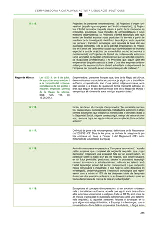 L’EMPRENEDORIA A CATALUNYA: ACTIVITAT, EDUCACIÓ I POLÍTIQUES
215
8.1.15. Projectes de persones emprenedores: “a) Projectes d’origen uni-
versitari (aquells que sorgeixen en l’àmbit universitari); b) Projec-
tes d’àmbit innovador (aquells creats a partir de la innovació en
productes, processos, nous mètodes de comercialització o nous
mètodes organitzatius); c) Projectes d’àmbit tecnològic (els que
tenen per finalitat explotar nous productes i/o serveis a partir de
resultats de la investigació científica i tecnològica, amb capacitat
per generar i transferir tecnologia, sent aquesta la base del seu
avantatge competitiu i de la seva activitat empresarial); d) Projec-
tes en l’àmbit de l’economia social (que contribueixen de manera
especial a assolir objectius de sostenibilitat social, econòmica o
mediamiental); e) Projectes de l’àmbit de professionals autònoms
(amb la finalitat de facilitar el finançament per a l’activitat econòmi-
ca d’aquestes professionals); i f) Projectes que siguin spin-offs
empresarials (aquells nascuts a partir d’una altra empresa anterior
mitjançant la separació d’una divisió subsidiària o departament de
l’empresa per convertir-se en una empresa per ella mateixa).”
Regió de Múrcia Llei 5/2013, de 8 de juliol,
de suport als emprenedors i
a la competitivitat i interna-
cionalització de les petites i
mitjanes empreses (pimes)
de la Regió de Múrcia.
BOE núm. 195, de
15.08.2013.
Emprenedors: “persones físiques que, dins de la Regió de Múrcia,
desenvoluparan una activitat econòmica, ja sigui com a treballador
autònom, cooperativista, soci d’una petita i mitjana empresa, soci-
etat laboral o a través de qualsevol forma mercantil admesa en
dret, que tinguin el seu domicili fiscal dins de la Regió de Múrcia i
sempre que el número de socis no sigui superior a deu.”
8.1.16. Inclou també en el concepte d’emprenedor: “les societats mercan-
tils, cooperatives, societats laborals, treballadors autònoms i altres
formes societàries que estiguin ja constituïdes o donades d’alta a
la Seguretat Social, segons correspongui, menys de trenta-sis me-
sos, i sempre i que no sigui continuació o ampliació d’una activitat
anterior”.
8.1.17. Definició de pime i de microempresa: definicions de la Recomana-
ció 2003/361/CE. Dins de les pime, es defineix la categoria de pe-
tita empresa en base a l’annex I del Reglament (CE) núm.
800/2008 de la Comissió Europea)
8.1.18. Assimila a empresa emprenedora “l’empresa innovadora”: “aquella
petita empresa que compleixi els següents requisits: que pugui
demostrar, mitjançant una avaluació feta per un expert extern, en
particular sobre la base d’un pla de negocis, que desenvoluparà,
en un futur previsible, productes, serveis o processos tecnològi-
cament innovadors o substancialment millorats en relació amb
l’estat tecnològic actual del sector corresponent i que comportin
riscos tecnològics o industrials; o que hagi fet unes despeses en
investigació, desenvolupament i innovació tecnològica que repre-
sentin com a mínim el 15% de les despeses totals de l’empresa
durant els dos exercicis anteriors, o en l’exercici anterior quan es
tracta d’empreses de menys de dos anys d’antiguitat”.
8.1.19. Excepcions al concepte d’emprenedors: a) en societats uniperso-
nals o treballadors autònoms, aquells que siguin socis únics d’una
altra empresa unipersonal o estiguin d’alta al RETA amb més de
36 mesos d’antiguitat; b) societats patrimonials (amb uns determi-
nats requisits); c) aquelles persones físiques o jurídiques en la
qual algun soci estigui inhabilitat, a Espanya o a l’estranger, com a
conseqüència d’una fallida empresarial fraudulenta, o tingui ante-
 
