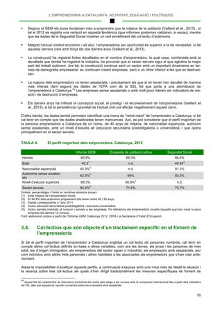 L’EMPRENEDORIA A CATALUNYA: ACTIVITAT, EDUCACIÓ I POLÍTIQUES
55
 Segons el GEM els joves tendeixen més a emprendre que la mitjana de la població (Vaillant et al., 2013) , si
bé el 2012 es registra una variació en aquesta tendència (que informes posteriors validaran, si escau), mentre
que les dades de la Seguretat Social mostren un cert envelliment del col·lectiu d’autònoms.
 Malgrat l’actual context econòmic i alt atur, l’emprenedoria per oportunitat és superior a la de necessitat, si bé
aquesta darrera creix amb força els dos darrers anys (Vaillant et al., 2013).
 La construcció ha registrat fortes davallades en el nombre d’emprenedors, la qual cosa, combinada amb la
davallada que també ha registrat la indústria, ha provocat que el sector serveis sigui el que aglutina la major
part del treball autònom. Ara bé, la construcció continua sent un sector amb un important dinamisme en ter-
mes de demografia empresarial: es continuen creant empreses, però a un ritme inferior a les que es destruei-
xen.
 La majoria dels emprenedors no tenen assalariats, i precisament els que sí en tenen han davallat de manera
més intensa (tant segons les dades de l’EPA com de la SS), fet que porta a una atomització de
l’emprenedoria a Catalunya.54
 Els darrers anys ha millorat la concepció social, el prestigi i el reconeixement de l’emprenedoria (Vaillant et
al., 2013), si bé la persistència i gravetat de l’actual crisi pot afectar negativament aquest canvi.
Les empreses sense assalariats o amb molt pocs lideren els indicadors de cre-
ació i de destrucció d’empreses.
D’altra banda, les dades també permeten identificar una mena de “retrat robot” de l’emprenedor a Catalunya, si bé
cal tenir en compte que les dades analitzades tenen mancances. Així, es pot considerar que el perfil majoritari de
la persona emprenedora a Catalunya és un home, de 40 anys de mitjana, de nacionalitat espanyola, autònom
sense assalariats, amb un nivell d’estudis alt (educació secundària postobligatòria o universitària) i que opera
principalment en el sector serveis.
TAULA 9. El perfil majoritari dels emprenedors. Catalunya, 2012
Informe GEM Enquesta de població activa Seguretat Social
Homes 60,9% 66,3% 66,6%
Edat 40,3
1
n.d. 40-54
2
Nacionalitat espanyola 92,3%
3
n.d. 91,2%
Autònoms sense assalari-
ats
62,5%
3
66% 80,5%
Nivell d'estudis superiors 68,3% 60,9%
4
n.d.
Sector serveis 84,4%
5
71,5% 75,7%
Unitats: percentatges i l’edat en nombres absoluts (anys).
(1) Edat mitjana de l’emprenedor inicial.
(2) El 44,4% dels autònoms pròpiament dits tenen entre 40 i 54 anys.
(3) Dades corresponents a l’any 2011.
(4) Inclou educació secundària postobligatòria i educació universitària.
(5) Inclou serveis orientats al consum i serveis a les empreses. Fa referència als emprenedors novells (aquells que han creat la seva
empresa els darrers 12 mesos).
Font: elaboració pròpia a partir de l’Informe GEM Catalunya 2012, l’EPA i la Secretaria d’Estat d’Ocupació.
3.4. Col·lectius que són objecte d’un tractament específic en el foment de
l’emprenedoria
Si bé el perfil majoritari de l’emprenedor a Catalunya engloba un col·lectiu de persones nombrós, cal tenir en
compte altres col·lectius definits en base a altres variables, com ara les dones, els joves i les persones de més
edat, les d’origen immigratori, els emprenedors del sector agrari o industrial, els empresaris amb assalariats, així
com individus amb altres trets personals i altres habilitats a les associades als emprenedors que s’han citat ante-
riorment.
Atesa la impossibilitat d’analitzar aquests perfils, a continuació s’exposa amb una mica més de detall la situació i
la recerca sobre tres col·lectius als quals s’han dirigit tradicionalment les mesures específiques de foment de
54
Aquest tret tan característic de l’estructura productiva del nostre país obliga a ser curosos amb la comparació internacional feta a partir dels indicadors
del PIE, atès que aquests es calculen únicament sobre els empresaris amb assalariats.
 