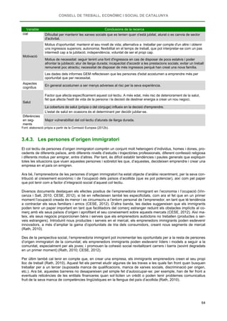 CONSELL DE TREBALL, ECONÒMIC I SOCIAL DE CATALUNYA
64
Variable Conclusions de la recerca
cial Dificultat per mantenir les xarxes socials que es tenien quan s'està jubilat, aturat o es canvia de sector
d'activitat.
Motivació
Motius d'oportunitat: mantenir el seu nivell de vida; alternativa a treballar per compte d'un altre i obtenir
uns ingressos superiors; autonomia; flexibilitat en el temps de treball, que pot interpretar-se com un pas
intermedi cap a la jubilació; independència; voluntat de ser el propi cap.
Motius de necessitat: seguir tenint una font d'ingressos en cas de disposar de pocs estalvis i poder
afrontar la jubilació; atur de llarga durada; incapacitat d'accedir a les prestacions socials; evitar un treball
remunerat poc atractiu; necessitat de disposar de més ingressos perquè han creat una nova família.
Les dades dels informes GEM reflecteixen que les persones d'edat acostumen a emprendre més per
oportunitat que per necessitat.
Aspectes
cognitius
En general acostumen a ser menys adverses al risc per la seva experiència.
Salut
Factor que afecta específicament aquest col·lectiu. A més edat, més risc de deteriorament de la salut,
fet que afecta l'estil de vida de la persona i la decisió de destinar energia a crear un nou negoci.
La cobertura de salut (pròpia o del cònjuge) influeix en la decisió d'emprendre.
L'estat de salut en ocasions és el determinant per decidir jubilar-se.
Diferències
en seg-
ments
Major vulnerabilitat del col·lectiu d'aturats de llarga durada.
Font: elaboració pròpia a partir de la Comissió Europea (2012b).
3.4.3. Les persones d’origen immigratori
El col·lectiu de persones d’origen immigratori comprèn un conjunt molt heterogeni d’individus, homes i dones, pro-
cedents de diferents països, amb diferents nivells d’estudis i trajectòries professionals, diferent confessió religiosa
i diferents motius per emigrar, entre d’altres. Per tant, és difícil establir tendències i pautes generals que expliquin
totes les situacions que viuen aquestes persones i sobretot les que, d’aquestes, decideixen emprendre i crear una
empresa en el país on emigren.
Ara bé, l’emprenedoria de les persones d’origen immigratori ha estat objecte d’anàlisi recentment, per la seva con-
tribució al creixement econòmic i de l’ocupació dels països d’acollida (que es pot potenciar), així com pel paper
que pot tenir com a factor d’integració social d’aquest col·lectiu.
Diversos documents destaquen els efectes positius de l’emprenedoria immigrant en l’economia i l’ocupació (Vin-
cenza i Salt, 2010; CESE, 2012), si bé en reflecteixen també les especificitats, com ara el fet que en un primer
moment l’ocupació creada és menor i es circumscriu a l’entorn personal de l’emprenedor, en tant que té tendència
a contractar els seus familiars i amics (CESE, 2012). D’altra banda, les dades suggereixen que els immigrants
poden tenir un paper important en tant que facilitadors del comerç estranger reduint els obstacles implícits al co-
merç amb els seus països d’origen i aprofitant el seu coneixement sobre aquests mercats (CESE, 2012). Així ma-
teix, els seus negocis proporcionen béns i serveis que els emprenedors autòctons no treballen (productes o ser-
veis estrangers). Introduint nous productes i serveis en el mercat, els emprenedors immigrants poden esdevenir
innovadors, a més d’ampliar la gama d’oportunitats de tria dels consumidors, creant nous segments de mercat
(Rath, 2010).
Des de la perspectiva social, l’emprenedoria immigrant pot incrementar les oportunitats per a la resta de persones
d’origen immigratori de la comunitat; els emprenedors immigrants poden esdevenir líders i models a seguir a la
comunitat, especialment per als joves; i promouen la cohesió social revitalitzant carrers i barris (sovint degradats
en un primer moment) (Rath, 2010; CESE, 2012).
Per últim també cal tenir en compte que, en crear una empresa, els immigrants emprenedors creen el seu propi
lloc de treball (Rath, 2010). Aquest fet els permet eludir algunes de les traves a les quals fan front quan busquen
treballar per a un tercer (suposada manca de qualificacions, manca de xarxes socials, discriminació per origen,
etc.). Ara bé, aquestes barreres no desapareixen pel simple fet d’autoocupar-se: per exemple, han de fer front a
eventuals reticències de les entitats financeres quan sol·liciten un crèdit o poden tenir problemes comunicatius
fruit de la seva manca de competències lingüístiques en la llengua del país d’acollida (Rath, 2010).
 