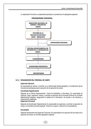 Informe – Encuesta Nacional Continua 2006



      La organización funcional y su dependencia jerárquica, se presenta en el organigrama siguiente:

                        ORGANIGRAMA FUNCIONAL

                   DIRECCIÓN NACIONAL DE
                    CENSOS Y ENCUESTAS
                           (DNCE)



                         OFICINA DE LA
                      ENCUESTA CONTINUA
                       (SEDE - AREQUIPA)



                                                       SUPERVISOR NACIONAL



                OFICINA DEPARTAMENTAL DE
                ESTADÍSTICA E INFORMÁTICA
                          (ODEI)




                         COORDINADOR




                    SUPERVISOR PROVINCIAL



                           ENCUESTADOR




12.1.2 ORGANIZACIÓN DEL PERSONAL DE CAMPO

      Supervisor Nacional
      Es responsable de verificar y controlar, en un determinado ámbito geográfico, el cumplimiento de las
      instrucciones planteadas para la ejecución de la operación de campo.
      Coordinador Departamental
      Depende de la Oficina Departamental o Zonal de Estadística e Informática. Es responsable de
      organizar, dirigir, supervisar, evaluar y coordinar la ejecución de la Encuesta Continua en el ámbito
      departamental asignado, asegurando la calidad de la información, de acuerdo a las directivas y
      programación establecida.
      Supervisor Provincial
      Depende del Coordinador Departamental. Es responsable de supervisar y controlar la operación de
      campo, en el ámbito provincial asignado. Tendrá a su cargo un máximo de 3 encuestadores.

      Encuestador
      Depende directamente del Supervisor Provincial. Es responsable de la ejecución de las tareas de la
      operación de campo, en el ámbito geográfico asignado.



                                              14
 