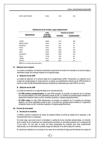 Informe – Encuesta Nacional Continua 2006




        RESTO LIMA PROVINCIA                           279004         14784               1232




                                Distribución de la muestra, según departamento
                                                        Total            Tamaño de muestra
                   Departamento                       Viviendas
                                                                    Viviendas      Conglomerados
                                                     Censo 2005

        LORETO                                         188285         12113               1009
        MADRE DE DIOS                                  28139          4440                370
        MOQUEGUA                                       60184          6247                521
        PASCO                                          77304          5963                497
        PIURA                                          415033         18003               1500
        PUNO                                           470045         23763               1980
        SAN MARTÍN                                     180666         18403               1534
        TACNA                                          101188         7459                622
        TUMBES                                         55243          5842                487
        UCAYALI                                        97429          6010                501
        NOTA: No se considera sobremuestra alguna.


9.7 Selección de la muestra
     La muestra es bietápica, de selección sistemática proporcional al tamaño de viviendas en la primera etapa y
     sistemática simple con arranque aleatorio en la segunda etapa.
     A. Selección de las UPM
     La unidad de selección en la primera etapa es el conglomerado (UPM). Previamente a la selección de la
     muestra de conglomerados en cada provincia, se realiza una estratificación implícita de las UPM teniendo en
     cuenta el índice de NBI (Necesidades Básicas Insatisfechas) elaboradas para cada UPM en el marco.

     B. Selección de las USM
     La unidad de selección en la segunda etapa es la vivienda particular.
     - En UPM urbanas (conglomerados), en cada UPM escogida, se procede a la selección de 12 viviendas
       con arranque aleatorio y en forma sistemática simple al azar. La muestra de viviendas estará dividida en 2
       segmentos compactos (cada una de 6 viviendas ocupadas y contiguas geográficamente).
     - En UPM rurales, en cada UPM seleccionada, se procede a la selección de 12 viviendas con arranque
       aleatorio y en forma sistemática simple al azar. La muestra de viviendas estará dividida en 2 segmentos
       compactos (cada una de 6 viviendas ocupadas y contiguas geográficamente).

9.8 Errores de la encuesta
     A. Errores de no muestreo
     La ENCO, durante la operación de campo da especial énfasis al control de calidad de la respuesta, y del
     comportamiento de la no respuesta.
     En primer lugar, para evitar recurrir al reemplazo o sustitución de las viviendas seleccionadas, en el diseño
     de la muestra se ha considerado una sobremuestra asumiendo un porcentaje esperado de no respuesta del
     12 por ciento. Por otro lado, al contar con listas actualizadas de viviendas para cada conglomerado
     seleccionado, se ha eliminado los posibles sesgos de selección en la última etapa de muestreo.
     El cuestionario aplicado en la encuesta en los casos de no entrevista al hogar permite detectar las causas de


                                                                9
 