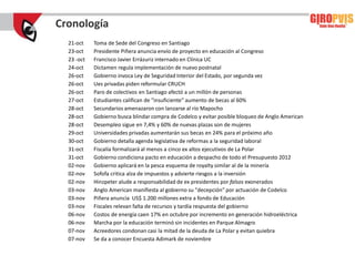 Cronología
  21-oct    Toma de Sede del Congreso en Santiago
  23-oct    Presidente Piñera anuncia envío de proyecto en educación al Congreso
  23 -oct   Francisco Javier Errázuriz internado en Clínica UC
  24-oct    Dictamen regula implementación de nuevo postnatal
  26-oct    Gobierno invoca Ley de Seguridad Interior del Estado, por segunda vez
  26-oct    Ues privadas piden reformular CRUCH
  26-oct    Paro de colectivos en Santiago afectó a un millón de personas
  27-oct    Estudiantes califican de "insuficiente" aumento de becas al 60%
  28-oct    Secundarios amenazaron con lanzarse al río Mapocho
  28-oct    Gobierno busca blindar compra de Codelco y evitar posible bloqueo de Anglo American
  28-oct    Desempleo sigue en 7,4% y 60% de nuevas plazas son de mujeres
  29-oct    Universidades privadas aumentarán sus becas en 24% para el próximo año
  30-oct    Gobierno detalla agenda legislativa de reformas a la seguridad laboral
  31-oct    Fiscalía formalizará al menos a cinco ex altos ejecutivos de La Polar
  31-oct    Gobierno condiciona pacto en educación a despacho de todo el Presupuesto 2012
  02-nov    Gobierno aplicará en la pesca esquema de royalty similar al de la minería
  02-nov    Sofofa critica alza de impuestos y advierte riesgos a la inversión
  02-nov    Hinzpeter alude a responsabilidad de ex presidentes por falsos exonerados
  03-nov    Anglo American manifiesta al gobierno su "decepción" por actuación de Codelco
  03-nov    Piñera anuncia US$ 1.200 millones extra a fondo de Educación
  03-nov    Fiscales relevan falta de recursos y tardía respuesta del gobierno
  06-nov    Costos de energía caen 17% en octubre por incremento en generación hidroeléctrica
  06-nov    Marcha por la educación terminó sin incidentes en Parque Almagro
  07-nov    Acreedores condonan casi la mitad de la deuda de La Polar y evitan quiebra
  07-nov    Se da a conocer Encuesta Adimark de noviembre
 