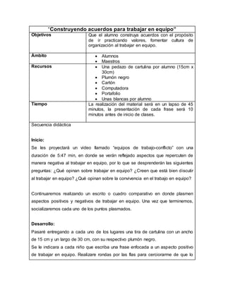 “Construyendo acuerdos para trabajar en equipo”
Objetivos Que el alumno construya acuerdos con el propósito
de ir practicando valores, fomentar cultura de
organización al trabajar en equipo.
Ámbito  Alumnos
 Maestros
Recursos  Una pedazo de cartulina por alumno (15cm x
30cm)
 Plumón negro
 Cartón
 Computadora
 Portafolio
 Unas blancas por alumno
Tiempo La realización del material será en un lapso de 45
minutos, la presentación de cada frase será 10
minutos antes de inicio de clases.
Secuencia didáctica
Inicio:
Se les proyectará un video llamado “equipos de trabajo-conflicto” con una
duración de 5:47 min, en donde se verán reflejado aspectos que repercuten de
manera negativa al trabajar en equipo, por lo que se desprenderán las siguientes
preguntas: ¿Qué opinan sobre trabajar en equipo? ¿Creen que está bien discutir
al trabajar en equipo? ¿Qué opinan sobre la convivencia en el trabajo en equipo?
Continuaremos realizando un escrito o cuadro comparativo en donde plasmen
aspectos positivos y negativos de trabajar en equipo. Una vez que terminemos,
socializaremos cada uno de los puntos plasmados.
Desarrollo:
Pasaré entregando a cada uno de los lugares una tira de cartulina con un ancho
de 15 cm y un largo de 30 cm, con su respectivo plumón negro.
Se le indicara a cada niño que escriba una frase enfocada a un aspecto positivo
de trabajar en equipo. Realizare rondas por las flas para cerciorarme de que lo
 