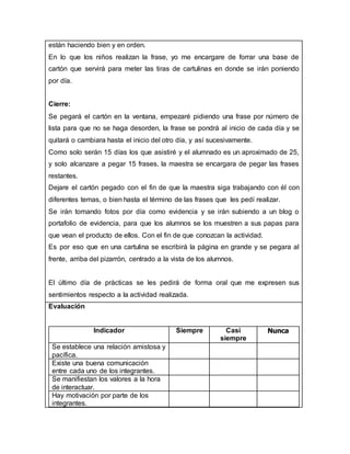 están haciendo bien y en orden.
En lo que los niños realizan la frase, yo me encargare de forrar una base de
cartón que servirá para meter las tiras de cartulinas en donde se irán poniendo
por día.
Cierre:
Se pegará el cartón en la ventana, empezaré pidiendo una frase por número de
lista para que no se haga desorden, la frase se pondrá al inicio de cada día y se
quitará o cambiara hasta el inicio del otro día, y así sucesivamente.
Como solo serán 15 días los que asistiré y el alumnado es un aproximado de 25,
y solo alcanzare a pegar 15 frases, la maestra se encargara de pegar las frases
restantes.
Dejare el cartón pegado con el fin de que la maestra siga trabajando con él con
diferentes temas, o bien hasta el término de las frases que les pedí realizar.
Se irán tomando fotos por día como evidencia y se irán subiendo a un blog o
portafolio de evidencia, para que los alumnos se los muestren a sus papas para
que vean el producto de ellos. Con el fin de que conozcan la actividad.
Es por eso que en una cartulina se escribirá la página en grande y se pegara al
frente, arriba del pizarrón, centrado a la vista de los alumnos.
El último día de prácticas se les pedirá de forma oral que me expresen sus
sentimientos respecto a la actividad realizada.
Evaluación
Indicador Siempre Casi
siempre
Nunca
Se establece una relación amistosa y
pacífica.
Existe una buena comunicación
entre cada uno de los integrantes.
Se manifiestan los valores a la hora
de interactuar.
Hay motivación por parte de los
integrantes.
 