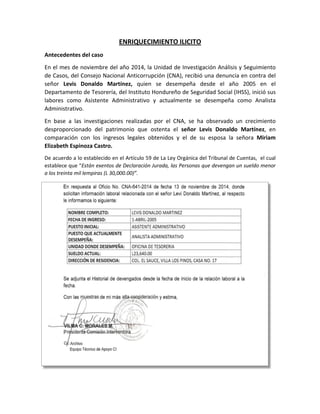 ENRIQUECIMIENTO ILICITO
Antecedentes del caso
En el mes de noviembre del año 2014, la Unidad de Investigación Análisis y Seguimiento
de Casos, del Consejo Nacional Anticorrupción (CNA), recibió una denuncia en contra del
señor Levis Donaldo Martínez, quien se desempeña desde el año 2005 en el
Departamento de Tesorería, del Instituto Hondureño de Seguridad Social (IHSS), inició sus
labores como Asistente Administrativo y actualmente se desempeña como Analista
Administrativo.
En base a las investigaciones realizadas por el CNA, se ha observado un crecimiento
desproporcionado del patrimonio que ostenta el señor Levis Donaldo Martínez, en
comparación con los ingresos legales obtenidos y el de su esposa la señora Miriam
Elizabeth Espinoza Castro.
De acuerdo a lo establecido en el Artículo 59 de La Ley Orgánica del Tribunal de Cuentas, el cual
establece que “Están exentos de Declaración Jurada, las Personas que devengan un sueldo menor
a los treinta mil lempiras (L 30,000.00)”.
 