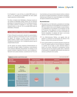 Informe                              09


En el Cuadrante 3 o zona de freno, la variable MDO alcanza un           muy minoritaria, por lo que se estima necesario realizar un esfuerzo
valor de 1,75, indicando que las Debilidades del sector pueden          por parte de los agentes (proveedores, prescriptores tecnológicos,
impedir aprovechar las Oportunidades.                                   empresas) para incorporar las nuevas tecnologías con la ﬁnalidad
                                                                        de mejorar la eﬁciencia de estos procesos.
Por último, la relación entre Debilidades y Amenazas muestra en
qué medida las Debilidades pueden facilitar que las Amenazas            Recomendaciones:
perjudiquen la incorporación de las TIC en las empresas del sector.
Esta relación conforma el Cuadrante 4 o zona crítica. El Sector         zNecesidad de que los fabricantes y proveedores de tecnología
Artesanía obtiene un valor de 1,67 en la variable MDA (media de             adapten las soluciones a las necesidades de la microempresa. El
Debilidades y Amenazas).                                                    48% de los talleres tiene un solo trabajador, el propio artesano,
                                                                            y su problemática es muy diferente a la de empresas con más
                                                                            de 10 personas. Esta adaptación no sólo se reclama para las
 9.8 CONCLUSIONES Y RECOMENDACIONES                                         aplicaciones, sino también para los cursos de formación (en
                                                                            horarios compatibles, en ejemplos del sector y no de otros
El Sector Artesanía ha comenzado a descubrir las oportunidades y            sectores o de otro tamaño de empresas, etc.)
ventajas que supone la incorporación de las TIC en sus procesos         zA      las Administraciones Públicas, una apuesta clara por
de negocio. Sin embargo, se atisban ciertas reticencias que                 potenciar la introducción de herramientas TIC básicas en los
pueden retardar o impedir la plena incorporación del sector a la            talleres y refuerzo de las acciones de formación.
Sociedad de la Información, con el consiguiente perjuicio para la
competitividad del sector.                                              zSe les reclama también que continúen apoyando la introducción
                                                                            de las TIC mediante ayudas en forma de subvención. Respecto
Las TIC suponen una ventaja competitiva fundamentalmente en                 a la gestión de las ayudas, el sector demanda facilitar el
los procesos de negocio ligados al marketing y comercialización             acceso a las mismas, reduciendo los presupuestos mínimos
de los productos elaborados artesanalmente. Sin embargo, en los             necesarios para que los proyectos puedan optar a subvención
procesos centrales y especíﬁcos del sector, como la producción y            y disminuyendo la complejidad administrativa del proceso de
fabricación de las piezas artesanas, la presencia de las TIC es aún         solicitud y justiﬁcación de las ayudas.



 FIGURA 131: MATRIZ CUANTITATIVA DAFO                                                                                Fuente: Encuesta Fundetec 2009



  SECTOR                                                OPORTUNIDADES                                    AMENAZAS
  ARTESANÍA                                        Implicación   Adaptabilidad y    Desequilibrio nivel
                                                                                                        Atomización
                                                                                                                    Escasez de centros
                                                     AA.PP.      abaratamiento       de implantación                    de difusión

                           Alto nivel
                        asociacionismo
 FORTALEZAS
                          Presencia
                        empresas líderes


                       Falta de información
                      Falta de capacitación
                       Falta de estándares
 DEBILIDADES
                   Soluciones poco adaptadas
                    Gran diferencia de tamaño
                    Diﬁcultades ﬁnanciación




                                                                                                                                                  125
 
