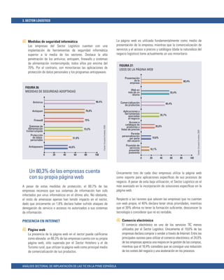 3. SECTOR LOGÍSTICO




    Medidas de seguridad informática                                                             La página web es utilizada fundamentalmente como medio de
    Las empresas del Sector Logístico cuentan con una                                            presentación de la empresa, mientras que la comercialización de
    implantación de herramientas de seguridad informática                                        servicios y el acceso a precios y catálogos (dada la naturaleza del
    superior a la media de los sectores. Destaca la alta                                         negocio logístico) tiene actualmente un uso minoritario.
    penetración de los antivirus, antispam, ﬁrewalls y sistemas
    de alimentación ininterrumpida, todos ellos por encima del
                                                                                                   FIGURA 27:
    70%. Por el contrario, son minoritarias las aplicaciones de                                    USOS DE LA PÁGINA WEB
    protección de datos personales y los programas antispyware.
                                                                                                       Presentación
                                                                                                               de la                                       80,4%
                                                                                                           empresa
  FIGURA 26:
                                                                                                            Web en
  MEDIDAS DE SEGURIDAD ADOPTADAS                                                                          más de un                           55,4%
                                                                                                             idioma

        Antivirus                                       96,4%                                       Comercialización
                                                                                                       de productos                        46,4%

        Antispam                                76,8%                                                  Aplicaciones y
                                                                                                        herramientas                  35,7%
                                                                                                           asociadas
                                                                                                           al negocio
         Firewall                               75%
                                                                                                            Acceso a
                                                                                                        catálogos de
      Sistemas de                                                                                                                26,8%
                                                                Fuente: Encuesta Fundetec 2009




                                                                                                         productos y
     Alimentación                              73,2%                                                listas de precios
   Ininterrumpida




                                                                                                                                                                         Fuente: Encuesta Fundetec 2009
                                                                                                            Permite
      Protección                                                                                     personalización
        de datos                       51,8%                                                               por parte          19,6%
      personales                                                                                         del usuario

    Antispyware                                                                                         Provisión de
                                    44,6%                                                                  servicios
                                                                                                          preventa/         16,1%
                                                                                                          postventa
                    0   20     40       60      80      100
                                                                                                                        0   20        40      60      80           100




     Un 80,3% de las empresas cuenta                                                             Únicamente tres de cada diez empresas utiliza la página web
     con su propia página web                                                                    como soporte para aplicaciones especíﬁcas de sus procesos de
                                                                                                 negocio. A pesar de esta baja utilización, el Sector Logístico es el
A pesar de estas medidas de protección, el 60,7% de las                                          más avanzado en la incorporación de soluciones especíﬁcas en la
empresas reconoce que sus sistemas de información han sido                                       página web.
infectados por virus informáticos en el último año. No obstante,
el resto de amenazas apenas han tenido impacto en el sector,                                     Respecto a las razones que aducen las empresas que no cuentan
dado que únicamente un 1,8% declara haber sufrido ataques de                                     con web propia, el 40% declara tener otras prioridades, mientras
denegación de servicio o accesos no autorizados a sus sistemas                                   que el 30% aﬁrma no tener la formación suﬁciente, desconocer la
de información.                                                                                  tecnología o considerar que no es rentable.

PRESENCIA EN INTERNET                                                                                Comercio electrónico
                                                                                                     El comercio electrónico es uno de los servicios TIC menos
    Página web                                                                                       utilizados por el Sector Logístico. Únicamente el 19,6% de las
    La presencia de la página web en el sector puede caliﬁcarse                                      empresas declara comprar o vender a través de Internet. Entre las
    como elevada: un 80,3% de las empresas cuenta con su propia                                      principales razones para utilizar el comercio electrónico, el 24,6%
    página web, sólo superada por el Sector Hotelero y el de                                         de las empresas aprecia una mejora en la gestión de las compras,
    Turismo rural, que utilizan la página web como principal medio                                   mientras que el 16,4% considera que se consigue una reducción
    de comercialización de sus productos.                                                            de los costes del negocio y una aceleración en los procesos.



ANÁLISIS SECTORIAL DE IMPLANTACIÓN DE LAS TIC EN LA PYME ESPAÑOLA
 