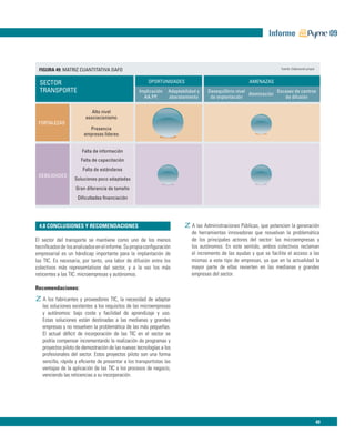 Informe                                 09



 FIGURA 49: MATRIZ CUANTITATIVA DAFO                                                                                   Fuente: Elaboración propia



  SECTOR                                                OPORTUNIDADES                                   AMENAZAS
  TRANSPORTE                                        Implicación   Adaptabilidad y   Desequilibrio nivel
                                                                                                        Atomización
                                                                                                                    Escasez de centros
                                                      AA.PP.      abaratamiento      de implantación                    de difusión

                           Alto nivel
                        asociacionismo
 FORTALEZAS
                          Presencia
                        empresas líderes


                       Falta de información
                      Falta de capacitación
                       Falta de estándares
 DEBILIDADES
                   Soluciones poco adaptadas
                    Gran diferencia de tamaño
                    Diﬁcultades ﬁnanciación




 4.8 CONCLUSIONES Y RECOMENDACIONES                                      zA las Administraciones Públicas, que potencien la generación
                                                                             de herramientas innovadoras que resuelvan la problemática
El sector del transporte se mantiene como uno de los menos                   de los principales actores del sector: las microempresas y
tecniﬁcados de los analizados en el informe. Su propia conﬁguración          los autónomos. En este sentido, ambos colectivos reclaman
empresarial es un hándicap importante para la implantación de                el incremento de las ayudas y que se facilite el acceso a las
las TIC. Es necesaria, por tanto, una labor de difusión entre los            mismas a este tipo de empresas, ya que en la actualidad la
colectivos más representativos del sector, y a la vez los más                mayor parte de ellas revierten en las medianas y grandes
reticentes a las TIC: microempresas y autónomos.                             empresas del sector.

Recomendaciones:
zA los fabricantes y proveedores TIC, la necesidad de adaptar
   las soluciones existentes a los requisitos de las microempresas
   y autónomos: bajo coste y facilidad de aprendizaje y uso.
   Estas soluciones están destinadas a las medianas y grandes
   empresas y no resuelven la problemática de las más pequeñas.
   El actual déﬁcit de incorporación de las TIC en el sector se
   podría compensar incrementando la realización de programas y
   proyectos piloto de demostración de las nuevas tecnologías a los
   profesionales del sector. Estos proyectos piloto son una forma
   sencilla, rápida y eﬁciente de presentar a los transportistas las
   ventajas de la aplicación de las TIC a los procesos de negocio,
   venciendo las reticencias a su incorporación.




                                                                                                                                                    49
 