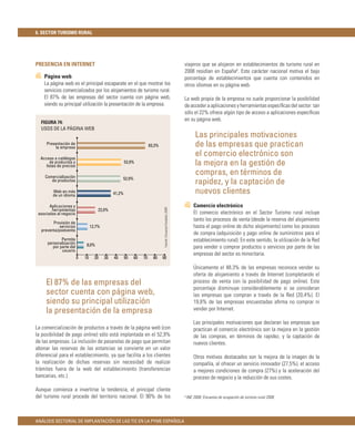 6. SECTOR TURISMO RURAL




PRESENCIA EN INTERNET                                                                                           viajeros que se alojaron en establecimientos de turismo rural en
                                                                                                                2008 residían en España6. Este carácter nacional motiva el bajo
    Página web                                                                                                  porcentaje de establecimientos que cuenta con contenidos en
    La página web es el principal escaparate en el que mostrar los                                              otros idiomas en su página web.
    servicios comercializados por los alojamientos de turismo rural.
    El 87% de las empresas del sector cuenta con página web,                                                    La web propia de la empresa no suele proporcionar la posibilidad
    siendo su principal utilización la presentación de la empresa.                                              de acceder a aplicaciones y herramientas especíﬁcas del sector: tan
                                                                                                                sólo el 22% ofrece algún tipo de acceso a aplicaciones especíﬁcas
                                                                                                                en su página web.
  FIGURA 74:
  USOS DE LA PÁGINA WEB
                                                                                                                         Las principales motivaciones
     Presentación de
          la empresa                                                  83,3%                                              de las empresas que practican
  Acceso a catálogos
                                                                                                                         el comercio electrónico son
       de productos y
     listas de precios
                                                       53,9%                                                             la mejora en la gestión de
    Comercialización
                                                                                                                         compras, en términos de
                                                    52,9%
       de productos
                                                                                                                         rapidez, y la captación de
         Web en más
         de un idioma                          41,2%                                                                     nuevos clientes
       Aplicaciones y                                                                                                   Comercio electrónico
                                                                               Fuente: Encuesta Fundetec 2009




        herramientas                  22,0%
 asociadas al negocio                                                                                                   El comercio electrónico en el Sector Turismo rural incluye
                                                                                                                        tanto los procesos de venta (desde la reserva del alojamiento
        Provisión de
            servicios             12,7%                                                                                 hasta el pago online de dicho alojamiento) como los procesos
  preventa/postventa
                                                                                                                        de compra (adquisición y pago online de suministros para el
              Permite                                                                                                   establecimiento rural). En este sentido, la utilización de la Red
      personalización         8,0%
         por parte del                                                                                                  para vender o comprar productos o servicios por parte de las
              usuario
                                                                                                                        empresas del sector es minoritaria.
                         0   10     20    30   40      50   60   70     80    90

                                                                                                                        Únicamente el 48,3% de las empresas reconoce vender su
                                                                                                                        oferta de alojamiento a través de Internet (completando el
     El 87% de las empresas del                                                                                         proceso de venta con la posibilidad de pago online). Este
                                                                                                                        porcentaje disminuye considerablemente si se consideran
     sector cuenta con página web,                                                                                      las empresas que compran a través de la Red (20,4%). El
     siendo su principal utilización                                                                                    19,8% de las empresas encuestadas aﬁrma no comprar ni
     la presentación de la empresa                                                                                      vender por Internet.

                                                                                                                        Las principales motivaciones que declaran las empresas que
La comercialización de productos a través de la página web (con                                                         practican el comercio electrónico son la mejora en la gestión
la posibilidad de pago online) sólo está implantada en el 52,9%                                                         de las compras, en términos de rapidez, y la captación de
de las empresas. La inclusión de pasarelas de pago que permitan                                                         nuevos clientes.
abonar las reservas de las estancias se convierte en un valor
diferencial para el establecimiento, ya que facilita a los clientes                                                     Otros motivos destacados son la mejora de la imagen de la
la realización de dichas reservas sin necesidad de realizar                                                             compañía, al ofrecer un servicio innovador (27,5%), el acceso
trámites fuera de la web del establecimiento (transferencias                                                            a mejores condiciones de compra (27%) y la aceleración del
bancarias, etc.).                                                                                                       proceso de negocio y la reducción de sus costes.

Aunque comienza a invertirse la tendencia, el principal cliente
del turismo rural procede del territorio nacional. El 90% de los                                                6
                                                                                                                    INE 2008: Encuesta de ocupación de turismo rural 2008




ANÁLISIS SECTORIAL DE IMPLANTACIÓN DE LAS TIC EN LA PYME ESPAÑOLA
 