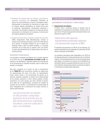 7. SECTOR TEXTIL Y CONFECCIÓN




q Sistemas de comunicación con clientes y proveedores                 7.5 IMPLANTACIÓN DE LAS TIC
   mediante tecnología EDI (Intercambio Electrónico de
   Datos). Con esta herramienta, el sector ha conseguido reducir     EQUIPAMIENTO TECNOLÓGICO Y CONECTIVIDAD
   drásticamente el intercambio de información en papel entre
   los diversos agentes (proveedores de materia prima para              Equipamiento tecnológico
   la confección, representantes, distribuidores mayoristas y           El Sector Textil y confección alcanza un elevado nivel de
   minoristas). Sus principales ventajas son la mejora del acceso       implantación de equipamiento tecnológico. Prueba de ello es
   estructurado a la información de la empresa y la disminución         que 7 de los 10 tipos de equipamiento analizados obtienen una
   del riesgo de pérdida de información.                                penetración superior al 50%.

q Equipos para patronaje, escalado y estudio de marcadas                 Siete de los diez tipos de
   (CAM, Computarized Aided Manufacturing). Facilitan la
   creación de los patrones prototipos a partir de la ﬁcha técnica       equipamiento analizados obtienen
   de la prenda, el escalado mediante el que se deﬁnen las               una penetración superior al 50%
   diferentes tallas a partir del patrón prototipo, y el marcado
   automático de las telas para su posterior corte, que facilita        El ordenador está presente en el 98,7% de las empresas, con
   un mejor aprovechamiento de los tejidos (ahorro de costes en         especial preponderancia del ordenador de sobremesa (97,8%)
   materias primas).                                                    frente al ordenador portátil (68%).

NOVEDADES TECNOLÓGICAS                                                  Los servidores informáticos están implantados en el 78,2% de
Las principales novedades tecnológicas que se pueden destacar           las empresas del sector, la mayor penetración junto con el Sector
en el último año son las herramientas de diseño en 3D, que              Logístico. Esta elevada penetración en uno de los equipamientos
permiten a los diseñadores comprobar aspectos de la prenda que          más ligados a la provisión de servicios de la Sociedad de la
en dos dimensiones es imposible visualizar, como la caída de las        Información denota una apuesta decidida del sector por las TIC
prendas o el entallado.                                                 como elemento necesario para mejorar los procesos de negocio
                                                                        e incrementar la competitividad empresarial.
Otra gran innovación en el sector ha sido la incorporación
de los Tablet PC como herramienta cotidiana de trabajo para
                                                                      FIGURA 85:
los representantes del sector. Con ellos, los representantes          EQUIPAMIENTO INFORMÁTICO
tienen acceso directo a las herramientas de gestión de la
empresa, pudiendo comprobar en tiempo real la disponibilidad
                                                                        Ordenador                                                    98,7%
de las prendas, gestionar el stock, realizar pedidos, enseñar
muestrarios, etc. Estos equipos, por tanto, facilitan la gestión         Ordenador                                                  97,8%
                                                                      de sobremesa
de la labor de los representantes, acortando los tiempos de
provisión de las prendas e incrementando la productividad de             Impresora                                          78,2%

estos trabajadores por la disminución de tiempo invertido en               Servidor
                                                                        informático                                         78,2%
labores administrativas.
                                                                            Equipo                                        76%
                                                                       multifunción
     Las herramientas de diseño                                         Ordenador                                   68%
     en 3D permiten comprobar                                              portátil
                                                                                                                                          Fuente: Encuesta Fundetec 2009




                                                                           Escáner
     aspectos de la prenda que en                                                                                   66,2%

     dos dimensiones es imposible                                        Impresora
                                                                           térmica                       40%
     visualizar, como la caída de la                                       TPV ﬁjo          13,3%
     tela o el entallado                                                                  7,6%
                                                                         TPV móvil

                                                                                      0      20     40         60       80          100




ANÁLISIS SECTORIAL DE IMPLANTACIÓN DE LAS TIC EN LA PYME ESPAÑOLA
 