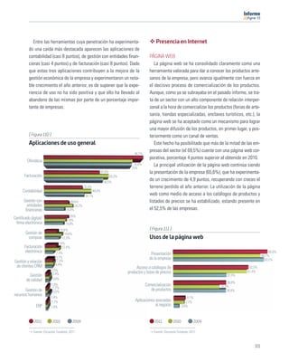11




             Entre las herramientas cuya penetración ha experimenta-                                Presencia en Internet
          do una caída más destacada aparecen las aplicaciones de
          contabilidad (casi 8 puntos), de gestión con entidades ﬁnan-                          PÁGINA WEB
          cieras (casi 4 puntos) y de facturación (casi 8 puntos). Dado                            La página web se ha consolidado claramente como una
          que estas tres aplicaciones contribuyen a la mejora de la                             herramienta valorada para dar a conocer los productos arte-
          gestión económica de la empresa y experimentaron un nota-                             sanos de la empresa, pero avanza igualmente con fuerza en
          ble crecimiento el año anterior, es de suponer que la expe-                           el decisivo proceso de comercialización de los productos.
          riencia de uso no ha sido positiva y que ello ha llevado al                           Aunque, como ya se subrayaba en el pasado informe, se tra-
          abandono de las mismas por parte de un porcentaje impor-                              ta de un sector con un alto componente de relación interper-
          tante de empresas.                                                                    sonal a la hora de comercializar los productos (ferias de arte-
                                                                                                sanía, tiendas especializadas, enclaves turísticos, etc.), la
                                                                                                página web se ha aceptado como un mecanismo para lograr
                                                                                                una mayor difusión de los productos, en primer lugar, y pos-
          [ Figura 110 ]                                                                        teriormente como un canal de ventas.
          Aplicaciones de uso general                                                              Este hecho ha posibilitado que más de la mitad de las em-
                                                                                                presas del sector (el 69,5%) cuente con una página web cor-
                                                                                      84,7%
                                                                                                porativa, porcentaje 4 puntos superior al obtenido en 2010.
         Oﬁmática
                                                                                     75,6%         La principal utilización de la página web continúa siendo
                                                                                    75%
                                                                  47,8%                         la presentación de la empresa (65,6%), que ha experimenta-
       Facturación                                                        55,3%
                                                                   50,5%
                                                                                                do un crecimiento de 4,9 puntos, recuperando con creces el
                                                     32,8%                                      terreno perdido el año anterior. La utilización de la página
      Contabilidad                                        40,4%
                                                     34,1%                                      web como medio de acceso a los catálogos de productos y
      Gestión con                         20,6%                                                 listados de precios se ha estabilizado, estando presente en
        entidades                            24,2%
       ﬁnancieras                      16,8%                                                    el 52,5% de las empresas.
                                          20%
Certiﬁcado digital/                     18%
 ﬁrma electrónica                     15,9%
                                   10,6%                                                        [ Figura 111 ]
       Gestión de                     14,6%
         compras                    12,3%                                                       Usos de la página web
                                  10%
       Facturación                  12,4%
       electrónica           7,3%                                                                                                                                      65,6%
                                                                                                 Presentación                                                     60,7%
                             6,7%                                                               de la empresa
                              7,3%                                                                                                                                  63,2%
Gestión y relación
 de clientes CRM             6,4%
                                                                                       Acceso a catálogos de                                            52,5%
                           2,5%                                                                                                                        51,4%
                            3,4%                                                  productos y listas de precios
          Gestión                                                                                                                           37,3%
        de calidad          3,6%
                                                                                                                                            36,9%
                           1,9%                                                               Comercialización                          32,3%
                            1,7%
       Gestión de           3,6%
                                                                                                 de productos                               36,8%
recursos humanos
                           1,4%                                                                                              8,1%
                           1,7%                                                       Aplicaciones asociadas                7,3%
              ERP          1,8%
                                                                                                   al negocio            3,6%



             2011          2010               2009                                                  2011          2010          2009

            Fuente: Encuesta Fundetec 2011                                                         Fuente: Encuesta Fundetec 2011



                                                                                                                                                           101
 