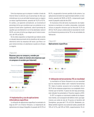11




   Entre las empresas que no compran ni venden a través de                64,7%, recuperando el terreno perdido el año anterior. Las
Internet llama la atención que el porcentaje de ellas que                 aplicaciones de diseño han experimentado también un creci-
entiende que no es una actividad necesaria para su negocio                miento, pasando del 39,9% al 44,2%, compensando igual-
se reduce signiﬁcativamente, pasando del 16,2% al 9,7%.                   mente la pequeña caída del año 2010.
En cambio, y en aparente contradicción, se incrementa el                    En el proceso crítico del sector, la producción, las implan-
porcentaje de los que consideran que sus productos no se                  taciones se mantienen, en cambio, estancadas, mostrando
ajustan al canal online. Igualmente, sube el porcentaje de                incluso un pequeño retroceso que las lleva del 19,7% de
aquellos que sencillamente no se lo han planteado, hasta el               2010 al 18,2% actual, evidenciando la necesidad de incidir
55,3%; así como el de los que alegan que el coste es exce-                en el fomento de presencia de las TIC en las actividades de
sivo, del 18% al 26,2%.                                                   fabricación.
   De los datos expuestos se desprende que todavía existe
un elevado desconocimiento de los beneﬁcios del comercio
electrónico entre las empresas del sector, que lleva a un                 [ Figura 114 ]
gran número de éstas a no plantearse si puede ser útil para               Aplicaciones específicas
su negocio.
                                                                                                                                        64,7%
                                                                                       Aplicaciones de                        47,2%
                                                                                    retoque fotográﬁco                             55,5%
[ Figura 113 ]
                                                                                                                             44,2%
                                                                               Aplicaciones de diseño
Razones para no comprar y vender por                                                y editores gráﬁcos
                                                                                                                          39,9%
                                                                                                                          40%
Internet (% sobre el número de empresas que
                                                                          Aplicaciones de producción             18,1%
ni compran ni venden por Internet)                                           y fabricación (cerámica,             19,7%
                                                                                  cuero, joyería, etc.)         16,4%
                                                                  55,3%
    No me lo he planteado                                   45%
                                                    35,1%
                                                                             2011          2010          2009
                                                         41,7%
  Productos no adecuados                            33,3%
para venderlos por Internet                        32,5%
                                                                             Fuente: Encuesta Fundetec 2011

                                                26,2%
      Resulta muy costoso               18%
                                       15,6%
                                                                              Utilización de herramientas TIC en movilidad
                                     9,7%
                                        16,2%
                                                                             La movilidad en el Sector Artesanía no es una necesidad
La empresa no lo necesita
                                      13%                                 que los empresarios deban cubrir mediante herramientas
                                                                          TIC. Dado el carácter accesorio de la movilidad, sólo el
   2011          2010         2009
                                                                          28,7% de las empresas proporciona a sus empleados herra-
  Fuente: Encuesta Fundetec 2011                                          mientas que la faciliten. A pesar de este bajo porcentaje,
                                                                          este indicador ha aumentado en 10 puntos respecto a 2010.
                                                                             En 2011 se registra un crecimiento notable de los disposi-
   Implantación y uso de aplicaciones                                     tivos móviles, con la excepción del teléfono móvil, que expe-
informáticas específicas                                                  rimenta una caída de más de 10 puntos en beneﬁcio del
   La utilización de aplicaciones especíﬁcas ha avanzado a lo             Smartphone, que pasa del 7,1% al 22,5%. Notebooks y ta-
largo de 2011 en el Sector Artesanía. La implantación de                  bletas también registran una sustancial subida, pasando del
aplicaciones de retoque fotográﬁco ha pasado del 47,2% al                 10% al 14,7% y del 10% al 19,6%, respectivamente. Por úl-

                                                                                                                                        103
 