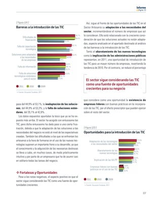 11




    [ Figura 119 ]                                                            Así, sigue al frente de las oportunidades de las TIC en el
    Barreras a la introducción de las TIC                                  Sector Artesanía su adaptación a las necesidades del
                                                                           sector, incrementándose el número de empresas que así
                                                                   58,1%   lo consideran. Ello está relacionado con la creciente consi-
            Diﬁcultades de                                         58,4%
               ﬁnanciación                                                 deración de que las soluciones actuales no están adapta-
                                                    41,8%
                                                                           das, aspecto analizado en el apartado destinado al análisis
                                                              53,1%
     Falta de capacitación                                                 de las barreras a la introducción de las TIC.
                                                        44,9%
               tecnológica                                  50%
                                                                              Tanto el abaratamiento de las nuevas tecnologías
Soluciones poco adaptadas                                       53,3%
                                                                           como la implicación de las administraciones públicas
         a las necesidades                              44,9%
          de las empresas                     35%                          representan, en 2011, una oportunidad de introducción de
                                                       43,6%               las TIC para un mayor número de empresas, revertiendo la
      Falta de información                              44,1%
                                                                           tendencia de 2010. Por el contrario, se reduce el porcentaje
                                                       43,2%

       Falta de soluciones                             42,8%
  tecnológicas estándares                      35,1%
             para el sector                 31,8%
                                                                             El sector sigue considerando las TIC
       2011          2010          2009
                                                                             como una fuente de oportunidades
                                                                             crecientes para su negocio
       Fuente: Encuesta Fundetec 2011



                                                                           que considera como una oportunidad la existencia de
    pasa del 44,9% al 53,1%; la inadaptación de las solucio-               empresas líderes con buenas prácticas en la incorpora-
    nes, del 44,9% al 53,3%; y la falta de soluciones están-               ción de las TIC, por el efecto prescriptor que pueden ejercer
    dares, del 35,1% al 42,8%.                                             sobre el resto del sector.
       Los datos expuestos apuntalan la tesis que ya se ha ex-
    puesto más arriba. El sector ha acogido con entusiasmo las
    TIC, pero dicho entusiasmo ha dado paso a una cierta frus-
    tración, debida a que la adaptación de las soluciones a las            [ Figura 120 ]
    necesidades del negocio no está al nivel de las expectativas           Oportunidades para la introducción de las TIC
    creadas. También las diﬁcultades a las que se enfrentan los
    artesanos a la hora de formarse en el uso de las nuevas tec-                 Adaptación de las tecnologías
                                                                                                                                  77,5%
                                                                                                                                 73,6%
    nologías suponen un importante freno a su desarrollo, ya que                  a las necesidades del sector                64,5%
    el conocimiento y la adquisición de las necesarias destrezas                                                               68,3%
                                                                                            Abaratamiento de las             64,3%
    se lleva a cabo, en muchos casos, de modo prácticamente                                   nuevas tecnologías             62,7%
    intuitivo y por parte de un empresario que ha de asumir casi                                                              63,6%
    en solitario todas las tareas del negocio.                                         Implicación de las AA.PP.            56,1%
                                                                                                                            57,7%
                                                                                                                   18,8%
                                                                                  Empresas líderes con buenas       21,3%
                                                                                  prácticas en el uso de las TIC   16,4%
        Fortalezas y Oportunidades
      Pese a las notas negativas, el aspecto positivo es que el
                                                                              2011          2010         2009
    sector sigue considerando las TIC como una fuente de opor-
    tunidades crecientes.                                                    Fuente: Encuesta Fundetec 2011



                                                                                                                                          107
 