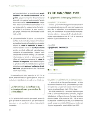 9. Sector Agroalimentario



      bran especial relevancia las herramientas de pesaje            9.5 IMPLANTACIÓN DE LAS TIC
      automático con básculas conectadas al ERP de
      gestión, que permiten registrar directamente en el                 Equipamiento tecnológico y conectividad
      sistema de información el producto pesado. También
      destaca la utilización de redes de sensores que per-           EQUIPAMIENTO TECNOLÓGICO
      miten detectar las características ambientales en las             El Sector Agroalimentario ha experimentado durante 2011
      que se desarrollan los procesos de transformación y            un muy considerable avance en lo referente al equipamiento
      su modiﬁcación, a distancia y de forma automática              básico. Así, los ordenadores, tanto de sobremesa como por-
      (por ejemplo, control del nivel de humedad en secade-          tátiles, han experimentado un notabilísimo crecimiento has-
      ros de jamón).                                                 ta niveles próximos a la saturación. El ordenador de sobre-
                                                                     mesa se encuentra presente en el 98,5% de las empresas, y
      Otro sector destacado en relación a la utilización de          el portátil ha pasado del 64,2% al 90,7%.
      las TIC es el vitivinícola. Los procesos vitivinícolas son
      gestionados a través de soﬁsticadas herramientas tec-
      nológicas de control de producción de la uva. Los              [ Figura 122 ]
      sistemas de control basados en tecnología satelital            Equipamiento informático
      permiten controlar la calidad de la uva mediante una
                                                                                                                                               100%
      combinación de fotografías aéreas e imágenes sateli-            Ordenador                                                              97,3%
      tales cercanas al espectro infrarrojo. Las nuevas tec-          Ordenador                                                               98,5%
                                                                   de sobremesa                                                           92,6%
      nologías colaboran también en la conservación de la                                                                                    98,5%
                                                                          Equipo
      calidad de la uva a través de sistemas de control de          multifunción                                              76,2%

      cosechas en tiempo real. Dentro del ámbito logísti-               Servidor                                                      91,2%
                                                                     informático                                          70,6%
      co aplicado al sector vitivinícola destaca la aplicación        Ordenador                                                       90,7%
                                                                          portátil                                    64,2%
      a los almacenes de sistemas inteligentes de cli-
      matización, que permiten actuar como si el almacén
                                                                        2011          2010
      fuera la propia bodega.
                                                                        Fuente: Encuesta Fundetec 2011

  En cuanto a las principales novedades en 2011, los ta-
blet PC están teniendo una gran aceptación, aunque su
implantación se está viendo retrasada por su elevado cos-            SERVICIOS E INFRAESTRUCTURAS DE COMUNICACIONES
                                                                        La penetración de las diversas infraestructuras y servicios
                                                                     de comunicaciones en el Sector Agroalimentario sigue sien-
  Las herramientas específicas en el                                 do muy elevada, aunque en este caso la evolución de las di-
  sector dependen en gran medida de                                  ferentes tecnologías durante el año 2011 es dispar.
  cada subsector                                                        Así, el fax, la telefonía ﬁja y la centralita telefónica siguen
                                                                     siendo los servicios e infraestructuras dominantes, aunque en
                                                                     todos los casos con ligeros retrocesos. El principal servicio de
te. Los servicios cloud computing, por su parte, aunque de           comunicaciones es el fax, presente en el 95,1% de las empre-
gran aplicación en sectores en los que la movilidad es               sas, seguido de la telefonía ﬁja con el 92,6%. El retroceso más
clave, como es este caso, tienen todavía una penetración             acusado se da en las centralitas telefónicas, que pierden casi
muy escasa.                                                          10 puntos de penetración, pasando del 90,6% al 80,9%.

114
 