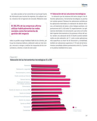 11




   Las redes sociales se han convertido en la principal fuente      Valoración de las soluciones tecnológicas
de información para muchas de empresas, de cualquier sec-           La valoración que las empresas del sector otorgan a las di-
tor, incluido el de la Ingeniería de Consulta. Mediante estas    ferentes aplicaciones y herramientas tecnológicas es positiva
                                                                 con carácter general. Destacan las valoraciones recibidas por
                                                                 las aplicaciones destinadas a la realización de cálculos técni-
   El 30,3% de las empresas afirma                               cos y al tratamiento de textos y otros trabajos auxiliares, con
   utilizar habitualmente las redes                              puntuaciones de 8,7 y 8,6 sobre 10, respectivamente. Las apli-
   sociales como herramienta de                                  caciones destinadas a la comunicación, que como se ha seña-
   gestión del negocio                                           lado impactan decisivamente en los procesos críticos del sec-
                                                                 tor, reciben una valoración de 8,6. El diseño asistido también
                                                                 recibe una alta valoración, de 7,7. Junto a estas aplicaciones
redes es posible recoger feedback ﬁable de los clientes, por     más especíﬁcas se sitúan las de facturación y contabilidad,
lo que las empresas dedican y dedicarán cada vez más tiem-       también con valoraciones superiores a 7. El resto de las herra-
po y recursos a recoger y analizar las respuestas de los con-    mientas consultadas obtiene puntuaciones entre 6 y 7 puntos
sumidores y clientes a través de este canal.                     en la práctica totalidad de los casos.




[ Figura 163 ]
 Valoración de las herramientas tecnológicas (1 a 10)

                          Telemando                                           5,9

            Señalización y seguridad                                                6,3

           Instrumentación y control                                                  6,5

         Diseño asistido por Internet                                                               7,7

                    Cálculos técnicos                                                                          8,7

              Tratamiento de textos y                                                                         8,6
             otros trabajos auxiliares
                       Comunicación                                                                           8,6


Gestión de relación con clientes CRM                                                      6,8


                  Gestión de Calidad                                                        6,9


       Servicios Preventa/Postventa                                            6,1


                 Gestión de compras                                                  6,5

                                                                                      6,5
                    Gestión de RRHH
                                                                                                  7,5
                          Facturación                                                                                2011
                                                                                                        7,8
                        Contabilidad                                                                                 Fuente: Fundetec



                                                                                                                                        147
 