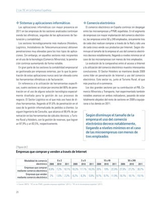2. Las TIC en la Empresa Española



     Sistemas y aplicaciones informáticas                                                   Comercio electrónico
   Las aplicaciones informáticas con mayor presencia en                                    El comercio electrónico en España continúa sin despegar
2011 en las empresas de los sectores analizados continúan                               entre las microempresas y PYME españolas. En el segmento
siendo las oﬁmáticas, seguidas de las aplicaciones de fac-                              de empresas con mayor implantación del comercio electróni-
turación y contabilidad.                                                                co, las empresas entre 50 y 249 empleados, únicamente tres
   Los sectores tecnológicamente más maduros (Hotelero,                                 de cada diez realizan compras a través de la Red y sólo una
Logístico, Instaladores de Telecomunicaciones) obtienen                                 de cada cinco vende sus productos por Internet. Según dis-
penetraciones muy elevadas para los tres tipos de aplica-                               minuye el tamaño de la empresa el uso del comercio electró-
ciones. Sin embargo, en aquellos sectores más incipientes                               nico decrece notablemente, llegando a niveles mínimos en el
en el uso de la tecnología (Comercio Minorista), la penetra-                            caso de las microempresas con menos de tres empleados.
ción continúa aumentando de forma notable.                                                 La evolución de la comparativa entre el acceso a Internet
   En gran parte de los sectores la contabilidad empresarial                            y la utilización del comercio electrónico muestra interesantes
es gestionada por empresas externas, por lo que la pene-                                conclusiones. El Sector Hotelero se mantiene desde 2009
tración de estas aplicaciones nunca será tan elevada como                               como líder en penetración de Internet y uso del comercio
las herramientas oﬁmáticas o de facturación.                                            electrónico. Este sector es, junto al Turismo Rural, el que
   En referencia a la utilización de herramientas especíﬁ-                              más practica el e-commerce.
cas, cuatro sectores se sitúan por encima del 80% de pene-                                 Los dos grandes sectores por su contribución al PIB, Co-
tración en el uso de alguna solución tecnológica especial-                              mercio Minorista y Transporte, han experimentado también
mente diseñada para la gestión de sus procesos de                                       notables avances en ambos indicadores, pasando de estar
negocio. El Sector Logístico es el que más uso hace de di-                              totalmente alejados del resto de sectores en 2009 a equipa-
chas herramientas, llegando al 91,8% de penetración en el                               rarse a los demás en 2011.
caso de la gestión informatizada de pedidos a clientes. Le
siguen Ingeniería de Consulta, que alcanza el 89,4% de pe-
netración en las herramientas de cálculos técnicos; y Turis-                               Según disminuye el tamaño de la
mo Rural y Hotelero, con la gestión de reservas, que logran                                empresa el uso del comercio
un 87,9% y un 83,5%, respectivamente.                                                      electrónico decrece notablemente,
                                                                                           llegando a niveles mínimos en el caso
                                                                                           de las microempresas con menos de
                                                                                           tres empleados

[ Figura 16 ]
Empresas que compran y venden a través de Internet

       Modalidad de comercio         0a2              3a9            10 a 49         50 a 249
                   electrónico 2009 2010 2011   2009 2010 2011 2009 2010 2011   2009  2010    2011
       Empresas que compran
                               8,9% 7,2% 10,1% 18,3% 17,1% 18,3% 20% 19% 22,9% 27,9% 27,2% 30,7%
 mediante comercio electrónico
         Empresas que venden
                                2% 1,6% 2,2% 6,2% 6,3% 5,0% 9,7% 9,7% 11,9% 16,7% 18,1% 19,1%
 mediante comercio electrónico

  Fuente: ONTSI, “TIC en las PYME y grandes empresas españolas” (2011) / “TIC en la microempresa española” (2011)



20
 