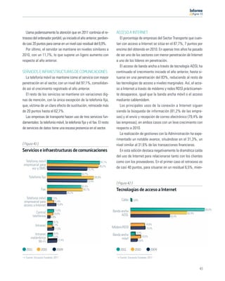 11




   Llama poderosamente la atención que en 2011 continúa el re-            ACCESO A INTERNET
troceso del ordenador portátil, ya iniciado el año anterior, perdien-       El porcentaje de empresas del Sector Transporte que cuen-
do casi 20 puntos para cerrar en un nivel casi residual del 8,9%.         tan con acceso a Internet se sitúa en el 87,7%, 7 puntos por
   Por último, el servidor se mantiene en niveles similares a             encima del obtenido en 2010. En apenas tres años ha pasado
2010, con un 11,7%, lo que supone un ligero aumento con                   de ser uno de los sectores con menor penetración de Internet
respecto al año anterior.                                                 a uno de los líderes en penetración.
                                                                            El acceso de banda ancha a través de tecnología ADSL ha
SERVICIOS E INFRAESTRUCTURAS DE COMUNICACIONES                            continuado el crecimiento iniciado el año anterior, hasta si-
  La telefonía móvil se mantiene como el servicio con mayor               tuarse en una penetración del 83%, reduciendo al resto de
penetración en el sector, con un nivel del 97,1%, consolidan-             las tecnologías de acceso a niveles marginales. Así, el acce-
do así el crecimiento registrado el año anterior.                         so a Internet a través de módems y redes RDSI prácticamen-
  El resto de los servicios se mantiene sin variaciones dig-              te desaparece, igual que la banda ancha móvil o el acceso
nas de mención, con la única excepción de la telefonía ﬁja,               mediante cablemódem.
que, víctima de un claro efecto de sustitución, retrocede más               Los principales usos de la conexión a Internet siguen
de 20 puntos hasta el 62,7%.                                              siendo la búsqueda de información (81,2% de las empre-
  Las empresas de transporte hacen uso de tres servicios fun-             sas) y el envío y recepción de correo electrónico (79,4% de
damentales: la telefonía móvil, la telefonía ﬁja y el fax. El resto       las empresas), en ambos casos con un leve crecimiento con
de servicios de datos tiene una escasa presencia en el sector.            respecto a 2010.
                                                                            La realización de gestiones con la Administración ha expe-
                                                                          rimentado un notable avance, situándose en el 31,3%, un
[ Figura 41 ]                                                             nivel similar al 31,6% de las transacciones ﬁnancieras.
Servicios e infraestructuras de comunicaciones                              En esta edición destaca negativamente la dramática caída
                                                                          del uso de Internet para relacionarse tanto con los clientes
  Telefonía móvil                                               97,1%     como con los proveedores. En el primer caso el retroceso es
 empresarial para                                              95,2%
       voz y SMS                                    73,7%
                                                                          de casi 40 puntos, para situarse en un residual 6,5%, mien-
                                               62,7%
     Telefonía ﬁja                                          85,9%
                                                    73,4%
                                                                          [ Figura 42 ]
                                               62,4%
                Fax                             65,1%                     Tecnologías de acceso a Internet
                                       35,2%
   Telefonía móvil        7,3%
                                                                              Cable       0,8%
 empresarial para           11,4%
 acceso a Internet            15,8%

                             11,5%                                                                                                        83,0%
             Central                                                    Banda ancha
                            10,0%                                                                                           62,9%
          telefónica                                                          ADSL                              43,4%
                         4,9%
                           9,1%
            Intranet       8,7%                                                                      14,8%
                             11,5%                                      Módem/RDSI                   15,5%
                           9,4%                                                             4,4%
          Intranet                                                      Banda ancha
                           0,5%                                                                  10,5%
      inalámbrica                                                              móvil
                               17,4%                                                          6,6%
             Wi-Fi

   2011         2010          2009                                           2011          2010          2009

  Fuente: Encuesta Fundetec 2011                                             Fuente: Encuesta Fundetec 2011



                                                                                                                                    43
 