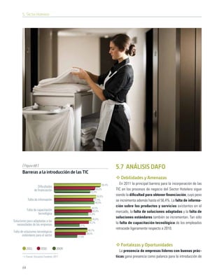 5. Sector Hotelero




       [ Figura 68 ]
                                                                         5.7 ANÁLISIS DAFO
       Barreras a la introducción de las TIC
                                                                            Debilidades y Amenazas
                                                                 56,4%      En 2011 la principal barrera para la incorporación de las
                      Diﬁcultades
                   de ﬁnanciación                          49,6%         TIC en los procesos de negocio del Sector Hotelero sigue
                                                       43,9%
                                                             50,8%       siendo la diﬁcultad para obtener ﬁnanciación, cuyo peso
            Falta de información                          47,5%          se incrementa además hasta el 56,4%. La falta de informa-
                                                           48,9%
                                                        44,5%
                                                                         ción sobre los productos y servicios existentes en el
            Falta de capacitación
                      tecnológica
                                                         45,9%           mercado, la falta de soluciones adaptadas y la falta de
                                                     41,6%
                                                         45,8%
                                                                         soluciones estándares también se incrementan. Tan sólo
Soluciones poco adaptadas a las
   necesidades de las empresas
                                                      42,2%              la falta de capacitación tecnológica de los empleados
                                             31%
                                                     40,7%
                                                                         retrocede ligeramente respecto a 2010.
Falta de soluciones tecnológicas
                                                    38,5%
       estándares para el sector            27,9%


                                                                            Fortalezas y Oportunidades
            2011        2010         2009
                                                                            La presencia de empresas líderes con buenas prác-
         Fuente: Encuesta Fundetec 2011                                  ticas gana presencia como palanca para la introducción de

       64
 