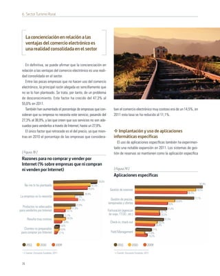 6. Sector Turismo Rural




       La concienciación en relación a las
       ventajas del comercio electrónico es
       una realidad consolidada en el sector


     En deﬁnitiva, se puede aﬁrmar que la concienciación en
  relación a las ventajas del comercio electrónico es una reali-
  dad consolidada en el sector.
     Entre las pocas empresas que no hacen uso del comercio
  electrónico, la principal razón alegada es sencillamente que
  no se lo han planteado. Se trata, por tanto, de un problema
  de desconocimiento. Este factor ha crecido del 47,3% al
  55,6% en 2011.
     También han aumentado el porcentaje de empresas que con-                              ban el comercio electrónico muy costoso era de un 14,5%, en
  sideran que su empresa no necesita este servicio, pasando del                            2011 esta tasa se ha reducido al 11,1%.
  27,3% al 38,9%, y las que creen que sus servicios no son ade-
  cuados para venderlos a través de Internet, hasta un 27,8%.
     El único factor que retrocede es el del precio, ya que mien-                             Implantación y uso de aplicaciones
  tras en 2010 el porcentaje de las empresas que considera-                                informáticas específicas
                                                                                              El uso de aplicaciones especíﬁcas también ha experimen-
                                                                                           tado una notable expansión en 2011. Los sistemas de ges-
  [ Figura 78 ]                                                                            tión de reservas se mantienen como la aplicación especíﬁca
  Razones para no comprar y vender por
  Internet (% sobre empresas que ni compran
  ni venden por Internet)                                                                  [ Figura 79 ]
                                                                                           Aplicaciones específicas
                                                                              55,6%
                                                                                                                                                                          87,9%
    No me lo he planteado                                             47,3%
                                                                   43,8%                Gestión de reservas                                                            79,5%
                                                               38,9%                                                                                          68,4%
La empresa no lo necesita                               27,3%
                                                                                                                                                                      77,1%
                                                           31,3%                        Gestión de precios,                                           52,6%
                                                                                      temporadas y ofertas                                     43%
                                                       27,8%
  Productos no adecuados                           21,8%                                                                                      41,8%
para venderlos por Internet                   14,1%                                   Facturación (agencias                          32,1%
                                             11,1%                                     de viaje, TT.OO., etc.)                       32,5%
        Resulta muy costoso                     14,5%                                                                                       37,5%
                                             9,4%                                       Check-in, check-out                         29,2%
                                          5,6%                                                                                   25,4%
   Clientes no preparados                5,5%                                                                                  21%
 para comprar por Internet              3,1%                                            Yield Management                   11,8%
                                                                                                                           15,2%


       2011          2010          2009                                                        2011         2010          2009

       Fuente: Encuesta Fundetec 2011                                                         Fuente: Encuesta Fundetec 2011



  74
 