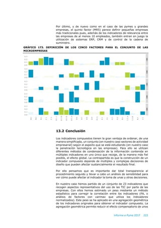 Informe e-Pyme 2017 222
Por último, y de nuevo como en el caso de las pymes y grandes
empresas, el quinto factor (MR5) parece definir pequeñas empresas
más tradicionales pues, además de los indicadores de relevancia entre
las empresas de al menos 10 empleados, también entran en juego la
utilización de sistemas ERP, CRM y de control de la cadena de
suministro.
GRÁFICO 173. DEFINICIÓN DE LOS CINCO FACTORES PARA EL CONJUNTO DE LAS
MICROEMPRESAS
13.2 Conclusión
Los indicadores compuestos tienen la gran ventaja de ordenar, de una
manera simplificada, un conjunto (en nuestro caso sectores de actividad
empresarial) según el aspecto que se está estudiando (en nuestro caso
la penetración tecnológica en las empresas). Para ello se utilizan
diferentes métodos de condensación de la información contenida en
múltiples indicadores en uno único que recoge, de la manera más fiel
posible, el efecto global. La contrapartida es que la construcción de un
indicador compuesto depende de múltiples y complejas decisiones de
diseño que pueden afectar sustancialmente el resultado final.
Por ello pensamos que es importante dar total transparencia al
procedimiento seguido y llevar a cabo un análisis de sensibilidad para
ver cómo puede afectar al indicador la toma de unas y otras decisiones.
En nuestro caso hemos partido de un conjunto de 23 indicadores que
recogen aspectos representativos del uso de las TIC por parte de las
empresas. Con ellos hemos estimado un peso mediante un método
estadístico para corregir la correlación entre los indicadores (FA, o
análisis de factores con varimax que utiliza los indicadores
normalizados). Este peso se ha aplicado en una agregación geométrica
de los indicadores originales para obtener el indicador compuesto. La
agregación geométrica permite reducir el efecto compensatorio de unos
 