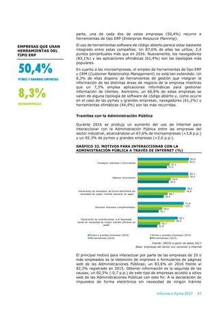 Informe e-Pyme 2017 47
parte, una de cada dos de estas empresas (50,4%) recurre a
herramientas de tipo ERP (Enterprise Resource Planning).
El uso de herramientas software de código abierto parece estar bastante
integrado entre estas compañías. Un 87,6% de ellas las utiliza; 2,4
puntos porcentuales más que en 2016. Nuevamente, los navegadores
(83,1%) y las aplicaciones ofimáticas (61,4%) son las tipologías más
populares.
En cuanto a las microempresas, el empleo de herramientas de tipo ERP
y CRM (Customer Relationship Management) no está tan extendido. Un
8,3% de ellas dispone de herramientas de gestión que integran la
información de las distintas áreas de negocio de la empresa mientras
que un 7,3% emplea aplicaciones informáticas para gestionar
información de clientes. Asimismo, un 66,8% de estas empresas se
valen de alguna tipología de software de código abierto y, como ocurre
en el caso de las pymes y grandes empresas, navegadores (61,2%) y
herramientas ofimáticas (44,4%) son las más recurridas.
Tramites con la Administración Pública
Durante 2016 se produjo un aumento del uso de Internet para
interaccionar con la Administración Pública entre las empresas del
sector industrial, alcanzándose un 67,6% de microempresas (+3,8 p.p.)
y un 92,3% de pymes y grandes empresas (+2,6 p.p.).
GRÁFICO 32. MOTIVOS PARA INTERACCIONAR CON LA
ADMINISTRACIÓN PÚBLICA A TRAVÉS DE INTERNET (%)
Fuente: ONTSI a partir de datos 2017
Base: empresas del sector con conexión a Internet
El principal motivo para interactuar por parte de las empresas de 10 o
más empleados es la obtención de impresos o formularios de páginas
web de las Administraciones Públicas; un 83,6% en 2016 frente al
82,3% registrado en 2015. Obtener información es la segunda de las
causas; un 82,5% (-0,7 p.p.) de este tipo de empresas accedió a sitios
web de las Administraciones Públicas con este fin. A la declaración de
impuestos de forma electrónica sin necesidad de ningún trámite
83,6
82,5
78,2
74,8
65,1
82,3
83,2
76,8
73,9
60,4
52,1
54,0
48,7
40,0
36,7
47,6
50,6
42,4
34,1
31,8
Conseguir impresos o formularios
Obtener información
Declaración de impuestos de forma electrónica sin
necesidad de ningún trámite adicional en papel
Devolver impresos cumplimentados
Declaración de contribuciones a la Seguridad
Social sin necesidad de ningún trámite adicional en
papel
Pymes y grandes empresas (2016) Pymes y grandes empresas (2015)
Microempresas (2016) Microempresas (2015)
EMPRESAS QUE USAN
HERRAMIENTAS DEL
TIPO ERP
50,4%
PYMES Y GRANDES EMPRESAS
8,3%
MICROEMPRESAS
 