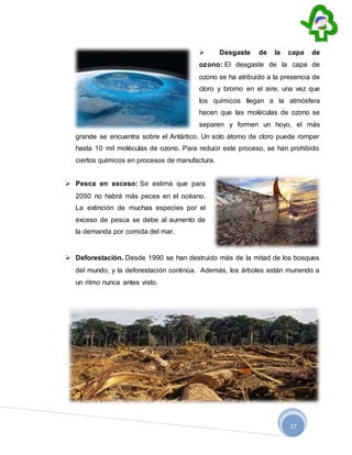 17
 Desgaste de la capa de
ozono: El desgaste de la capa de
ozono se ha atribuido a la presencia de
cloro y bromo en el aire; una vez que
los químicos llegan a la atmósfera
hacen que las moléculas de ozono se
separen y formen un hoyo, el más
grande se encuentra sobre el Antártico. Un solo átomo de cloro puede romper
hasta 10 mil moléculas de ozono. Para reducir este proceso, se han prohibido
ciertos químicos en procesos de manufactura.
 Pesca en exceso: Se estima que para
2050 no habrá más peces en el océano.
La extinción de muchas especies por el
exceso de pesca se debe al aumento de
la demanda por comida del mar.
 Deforestación. Desde 1990 se han destruido más de la mitad de los bosques
del mundo, y la deforestación continúa. Además, los árboles están muriendo a
un ritmo nunca antes visto.
 