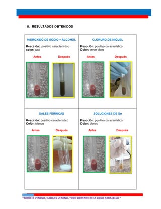 “TODO ES VENENO, NADA ES VENENO, TODO DEPENDE DE LA DOSIS PARACELSO “
8. RESULTADOS OBTENIDOS
HIDROXIDO DE SODIO + ALCOHOL
Reacción: positivo característico
color: azul
Antes Después
CLORURO DE NIQUEL
Reacción: positivo característico
Color: verde claro
Antes Después
SALES FERRICAS
Reacción: positivo característico
Color: blanco
Antes Después
SOLUCIONES DE Sn
Reacción: positivo característico
Color: blanco
Antes Después
 