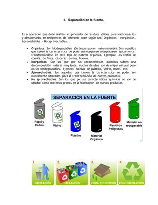5. Separación en la fuente.
Es la operación que debe realizar el generador de residuos sólidos para seleccionarlos
y almacenarlos en recipientes de diferente color según sea: Orgánicos - Inorgánicos,
Aprovechables - No aprovechables.
 Orgánicos: Son biodegradables (Se descomponen naturalmente). Son aquellos
que tienen la característica de poder desintegrarse o degradarse rápidamente,
transformándose en otro tipo de materia orgánica. Ejemplo: Los restos de
comida, de fruta, cáscaras, carnes, huevos.
 Inorgánicos: Son los que por sus características químicas sufren una
descomposición natural muy lenta. Muchos de ellos son de origen natural pero
no son biodegradables. Ejemplo: Botellas de plástico, vidrio, bolsas, etc.
 Aprovechables: Son aquellos que tienen la característica de poder ser
nuevamente utilizados para la transformación de nuevos productos.
 No aprovechables: Son los que por sus características químicas no son de
utilidad como materias primas en la fabricación de nuevos productos.
 
