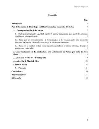 Proyecto integrador
4
Contenido
Pág.
Introducción 3
Plan de Gobierno de Jhon Rojas y el Plan Nacional de Desarrollo 2018-2022 7
1. Conceptualización de los pactos 7
1.1. Pacto por la legalidad: seguridad efectiva y justicia transparente para que todos vivamos
con libertad y en democracia 7
1.2. Pacto por el emprendimiento, la formalización y la productividad: una economía
dinámica, incluyente y sostenible que potencie todos nuestros talentos 9
1.3. Pacto por la equidad: política social moderna centrada en la familia, eficiente, de calidad
y conectada a mercados 12
2. Conceptualización de La candidatura a la Gobernación de Nariño por parte de Jhon
Rojas 15
3. Análisis de resultados y lectura plana 19
4. Aplicación de Matriz DOFA. 28
5. Plan de acción 37
5.1. Planeador 41
Conclusiones 50
Recomendaciones 51
Bibliografía 52
 