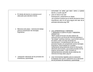  El interés del alumno no siempre es el
adecuado para abordar el tema
 Memoria corto plazo : memoria de trabajo
para la comprensión de mensajes
lingüísticos
 .evaluación valoración de los procesos de
enseñanza y aprendizaje
comunidad; es saber qué decir, cómo y cuándo
decirlo y a quién pag 55”
 Libro la vida en las aula
Participación y absentismo en clases
“ph.w.jackson postula que el interés del alumno tiene
importancia, pero no en guía segura del valor de la
actividad educativa pag.148”
 Libro APRENDIZAJE Y MEMORIA
7. MEMORIA A CORTO PLAZO Y MEMORIA
OPERATIVA
“MCP resalta la función de este sistema de
memoria como una forma de memoria operativa o
"de trabajo" (working memory), cuya función sería la
de asistir a toda una serie de tareas de
razonamiento, a la planificación del curso de
acciones futuras o la comprensión de los mensajes
lingüísticos. Esta finalidad es cumplida
manteniendo temporalmente activa la información
relevante para la tarea, que puede proceder de los
órganos sensoriales o bien consistir en
representaciones activadas de los sistemas de
memoria de largo plazo pag 22”
 Libro herramientas digitales para la evaluación
la Degespe dice que la evaluación es la valoración
de los procesos de enseñanza y aprendizaje
 