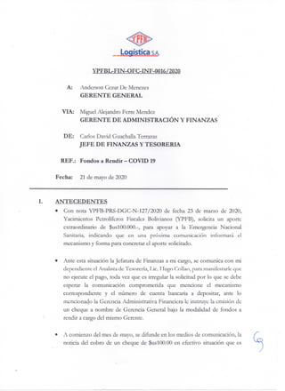 Desembolso de $us 100 mil en YPFB trasgredió estatuto de la empresa y conducto regular