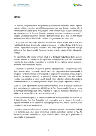  
 
 
 6
RESUM
Les invasions biològiques són un dels problemes que afecten els ecosistemes fluvials. Aquestes
espècies exòtiques colonitzen altres hàbitats i provoquen una sèrie d’efectes negatius sobre la
comunitat animal i vegetal ripària. A causa de les seues característiques, els ecosistemes fluvials
són més propensos a la dispersió d’espècies invasores, perquè poden actuar com a corredors
biològics. En el cas d’ecosistemes protegits o d’alt valor ecològic que, a més, són molt utilitzats
per l’ésser humà, el perill derivat de les invasions biològiques és encara més acusat.
El riu Polop és l’únic curs d’aigua permanent dins dels límits del Parc Natural del Carrascar de la
Font Roja i té la funció de connector ecològic entre aquest i el veí Parc Natural de la Serra de
Mariola. La part alta del Polop està protegida, a més, sota la figura del Paratge Natural Municipal
del Racó de Sant Bonaventura-Els Canalons, d’alt valor ecològic, paisatgístic i per a l’ús públic i
l’esbarjo.
Per aquest motiu, s’ha portat a terme un estudi de la distribució i l’abundància de les espècies
invasores existents al riu Polop i al Paratge Natural Municipal del Racó de Sant Bonaventura.
L’objectiu ha sigut detectar i quantificar la presència de les espècies animals invasores i
determinar la distribució de les vegetals.
El seguiment s’ha centrat en cinc espècies de fauna aquàtica invasora i cinc de flora associada
als ecosistemes riparis. Les espècies animals són el cranc roig americà (Procambarusclarkii), la
tortuga de Florida (Trachemys script aelegans), el carpí vermell (Carassius auratus), la perca
americana (Micropterus salmoides) i la gambúsia (Gambusia holbrooki). Quant a les espècies
vegetals, s’han considerat la canya (Arundo donax), l’ailant (Ailanthus altissima), l’acàcia borda
(Robinia pseudoacacia), la pitera (Agave americana) i la figuera de pala (Opuntia ficus-indica).
Quant a la fauna, aquest informe és una continuació d’estudis previs de detecció i quantificació
de la presència d’espècies invasores al PNM Racó de Sant Bonaventura-Els Canalons, i amplia
la informació continuant pel curs del riu Polop fora de l’espai. La metodologia ha consistit en la
col·locació de nanses al llit del riu i la seua revisió periòdica.
Pel que respecta a la vegetació, es parteix de la informació de diversos estudis de l’ailant fets per
l’Estació Científica Font Roja Natura-UA, però es completa amb la informació de les altres
espècies esmentades. S’han fet diversos recorreguts paral·lels al riu Polop a fi de localitzar els
exemplars d’espècies de flora invasores.
Els resultats mostren que l’única espècie animal invasora de presència comprovada al riu Polop
és el cranc roig, que a més pareix haver minvat respecte als mostrejos anteriors al PNM. No
obstant això, continua tenint efectius a la part més baixa del curs del riu, per la qual cosa no es
pot descuidar la seua evolució.
 